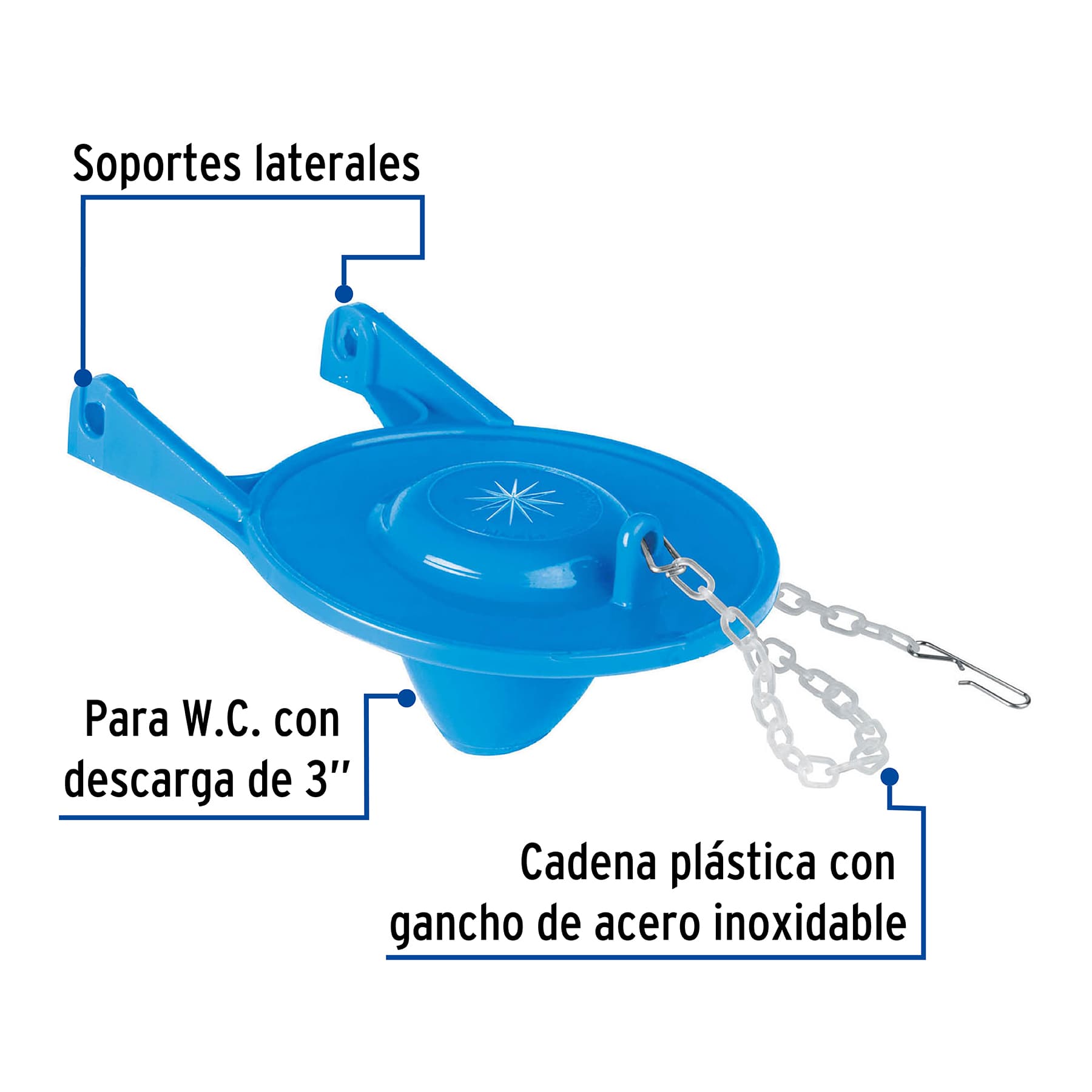 Sapo 3" para WC, PVC, azul, cadena plástica, Foset