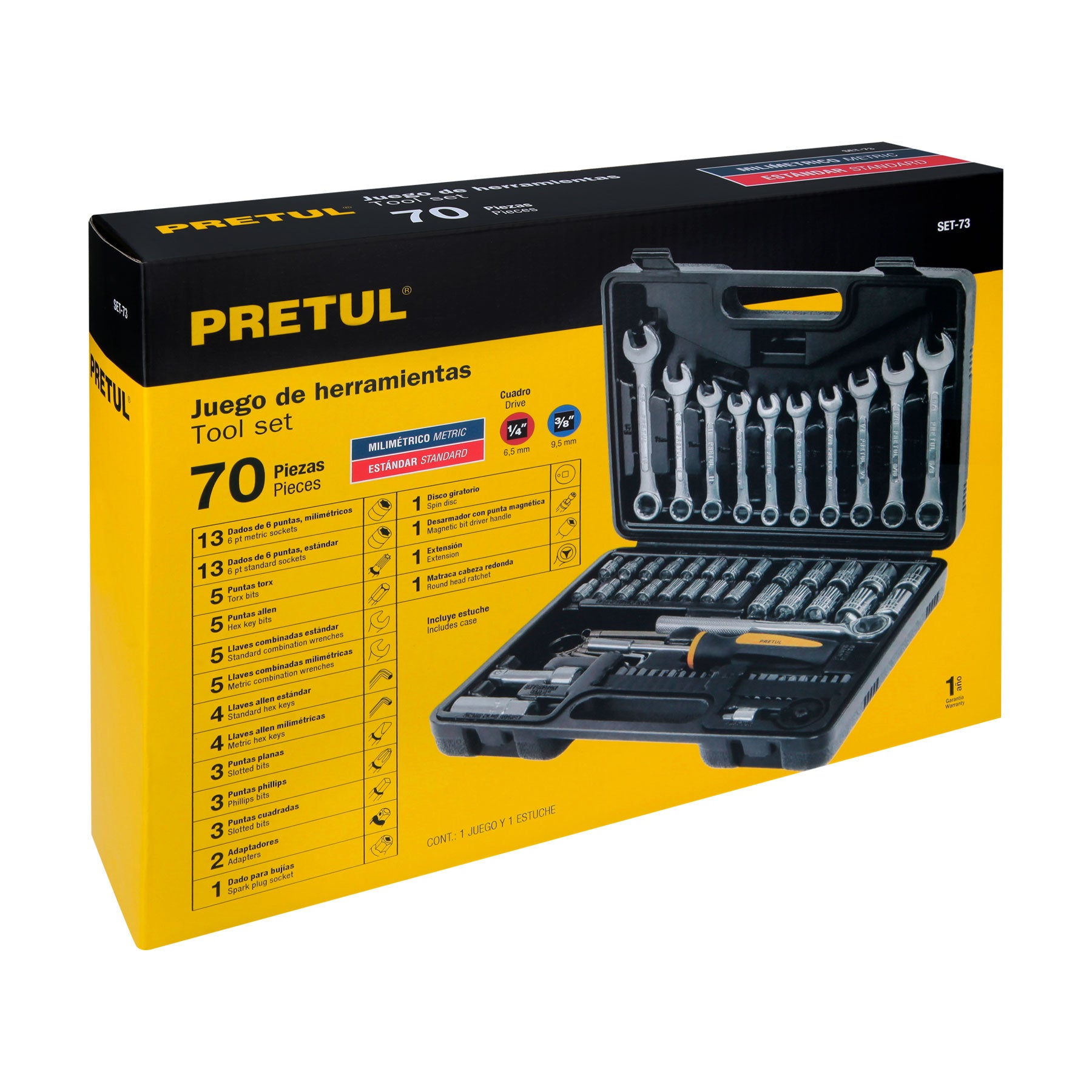 Juego de 70 herramientas 1/4" y 3/8" para mecánico, Pretul