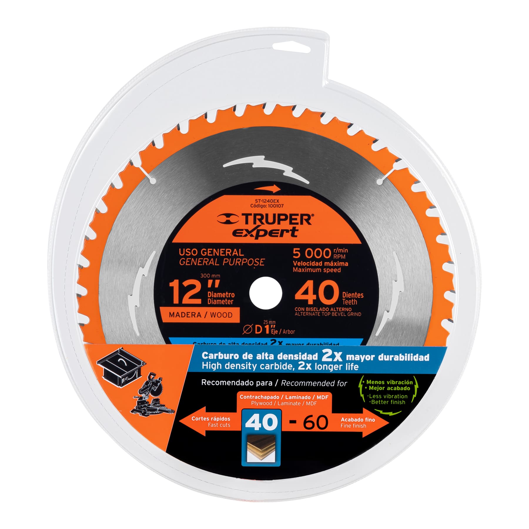 Disco sierra 12" para madera, 40 dientes centro 1", Expert