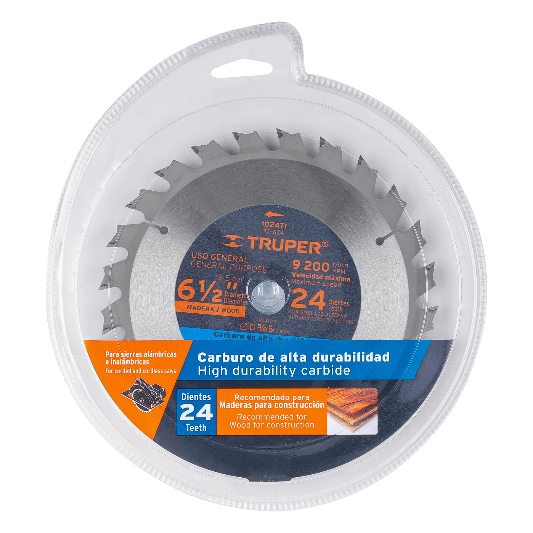 Disco sierra 6-1/2" para madera, 24 dientes con centro 5/8"