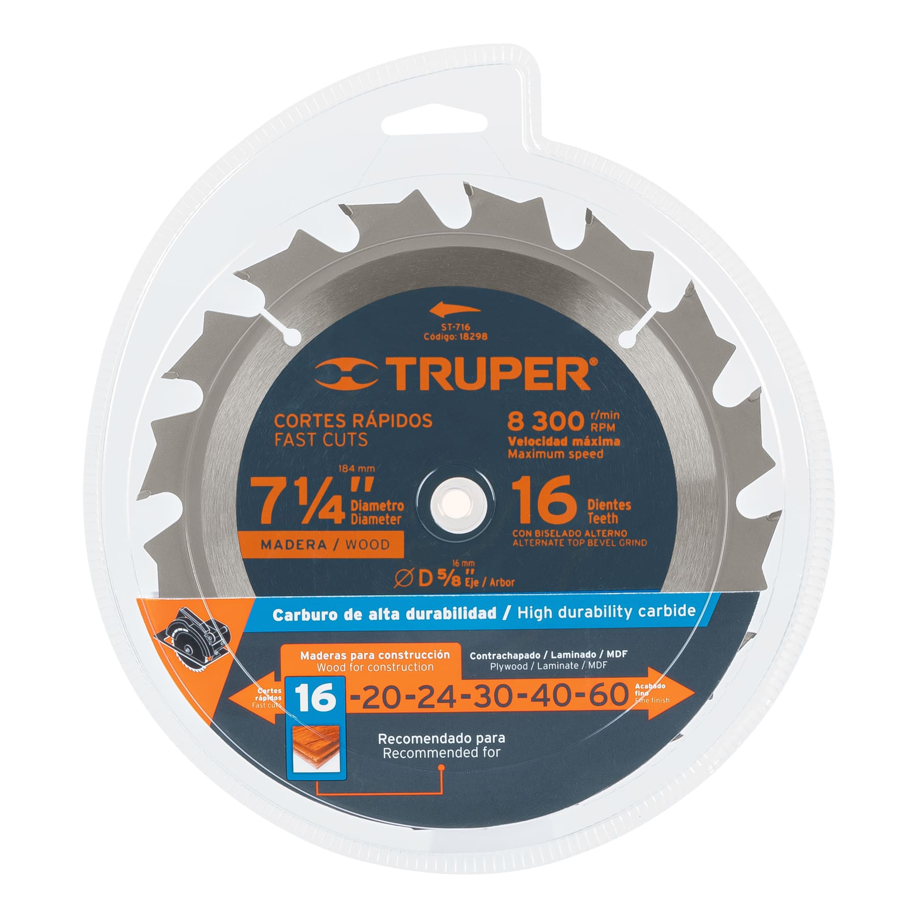 Disco sierra 7- 1/4" para madera, 16 dientes centro 5/8"