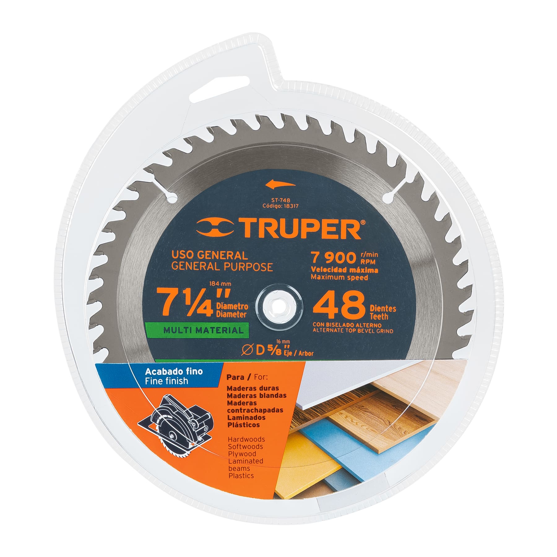 Disco sierra 7-1/4" multimaterial, 48 dientes centro 5/8"