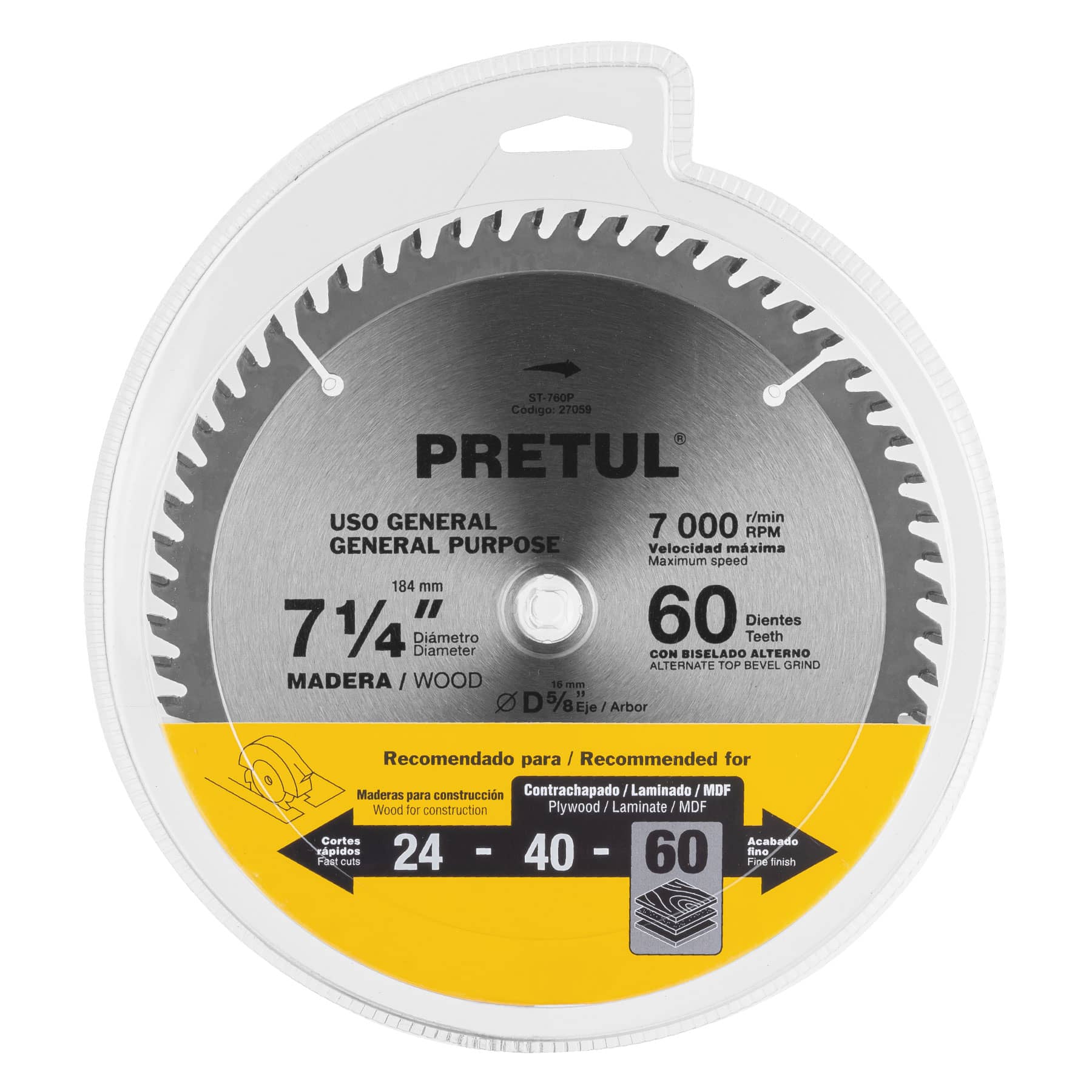 Disco sierra 7-1/4" para madera, 60 dientes centro 5/8", Pretul