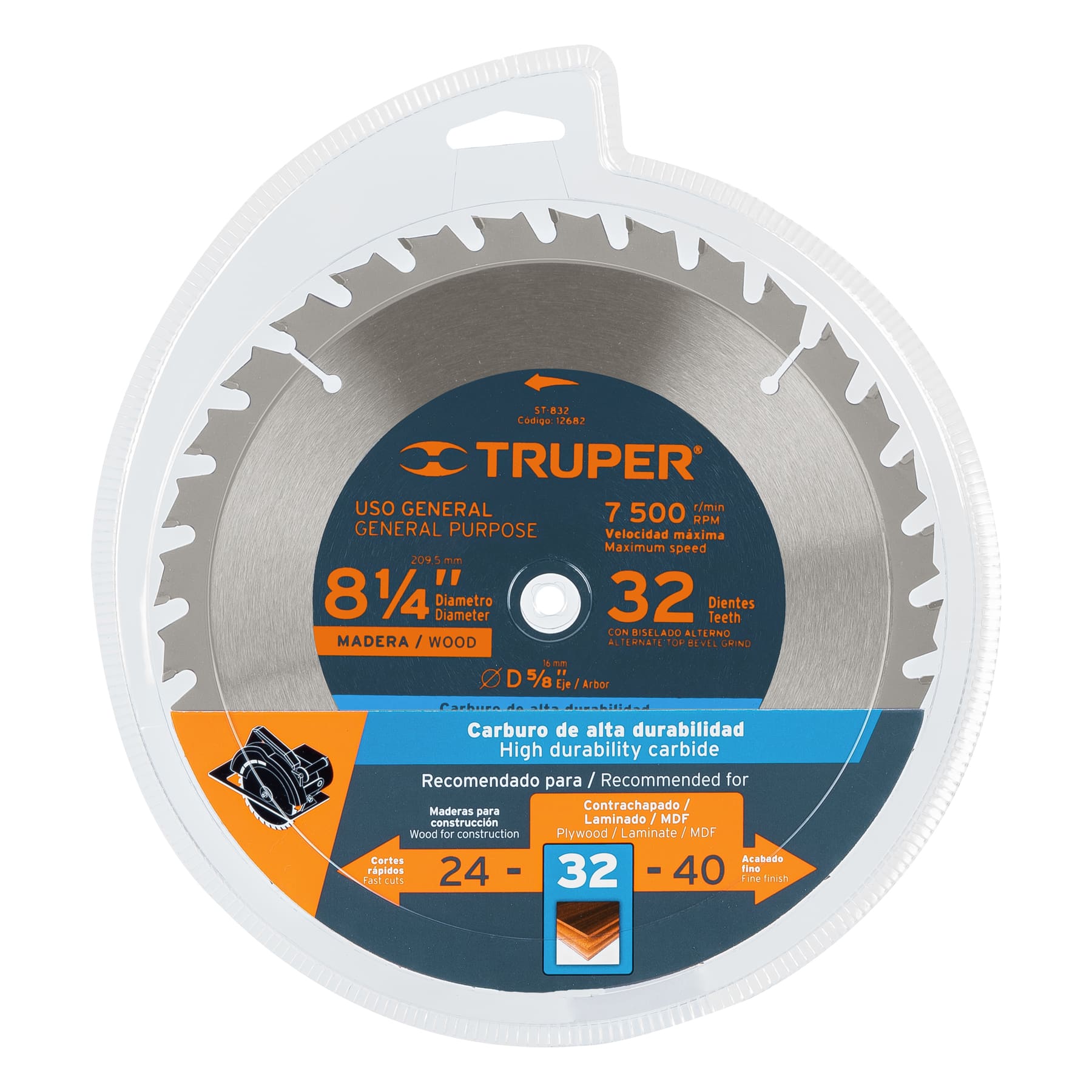 Disco sierra 8-1/4" para madera, 32 dientes centro 5/8"