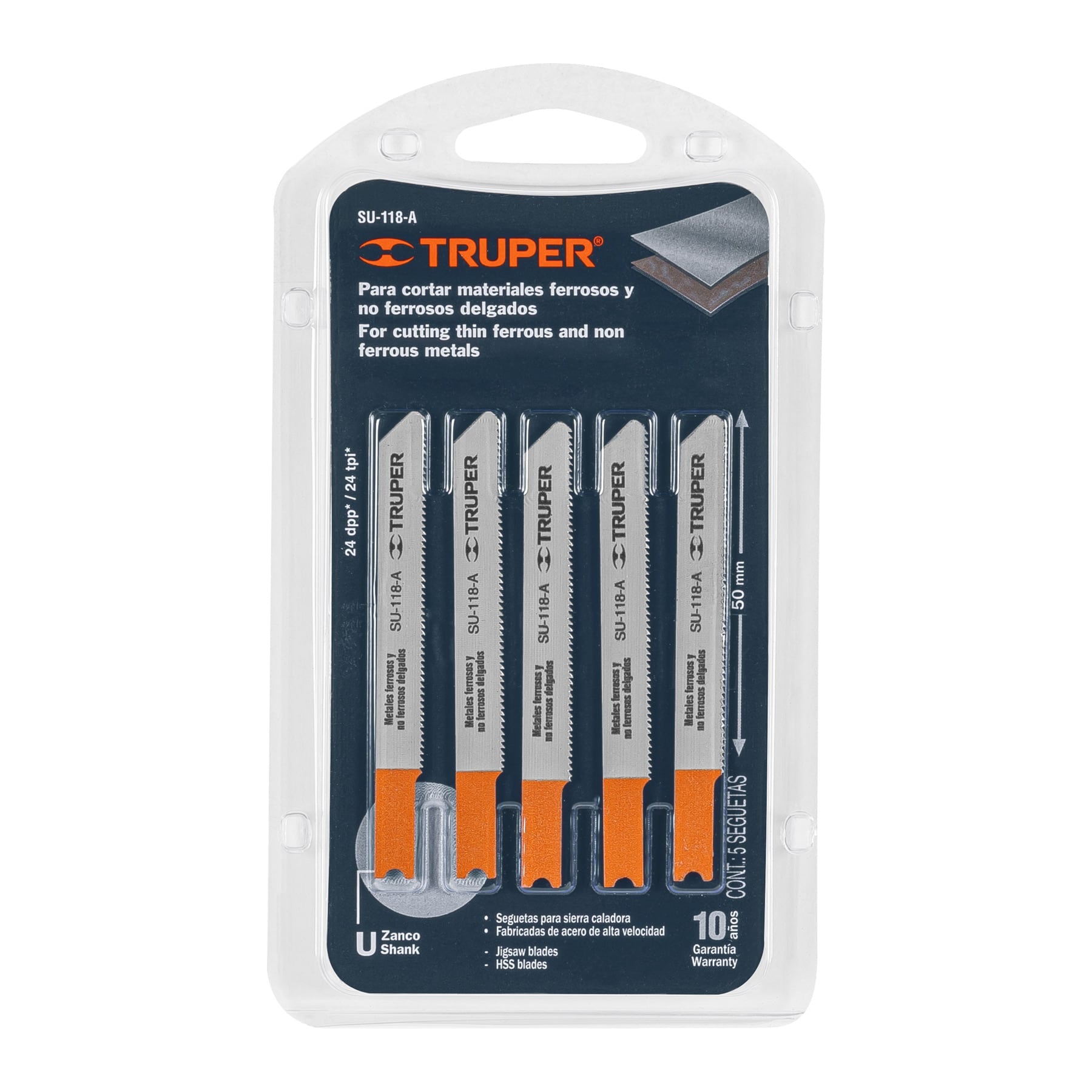 Blíster con 5 seguetas 24 DPP zanco "U" corte recto metal