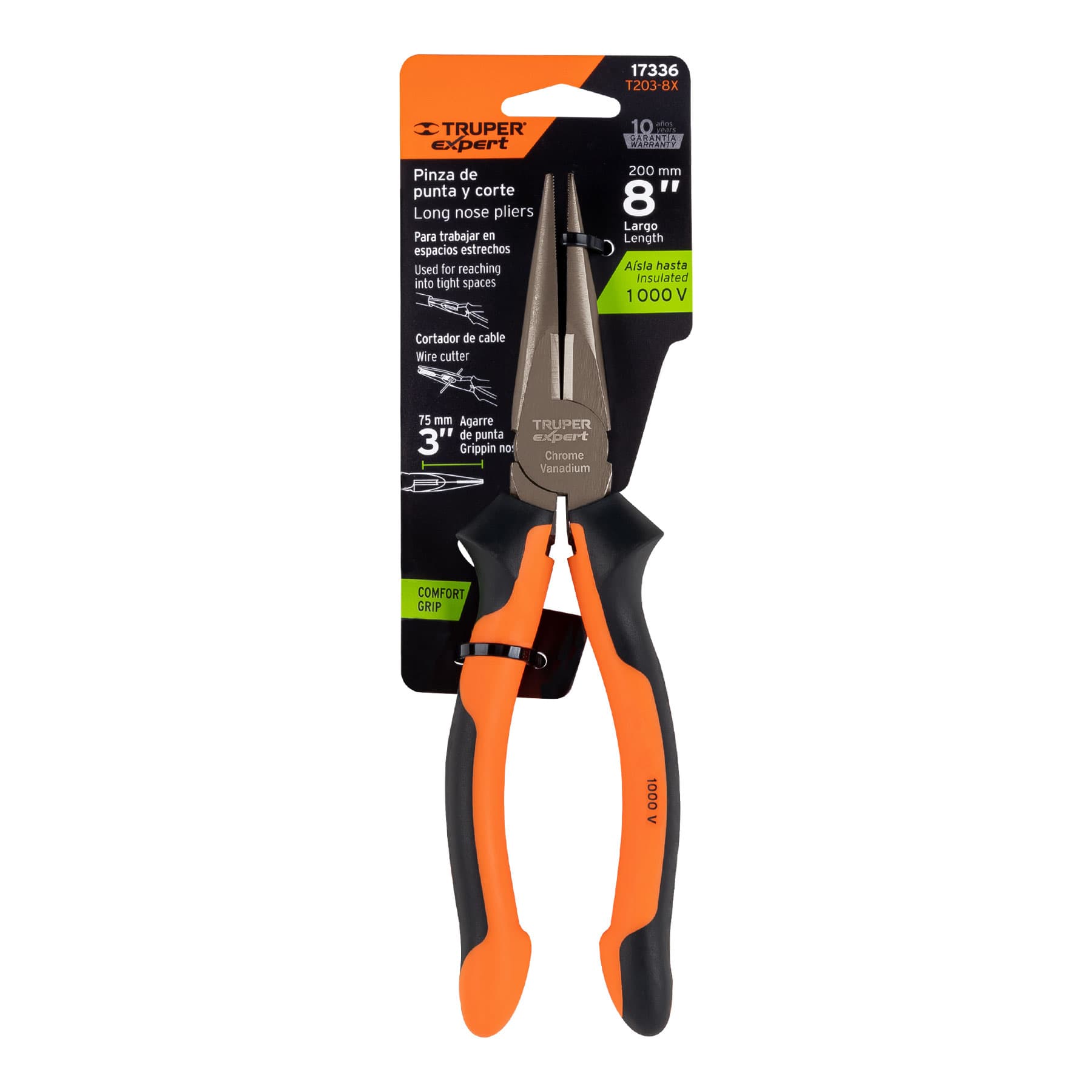 Pinza punta y corte 8" mango Comfort Grip, Truper Expert