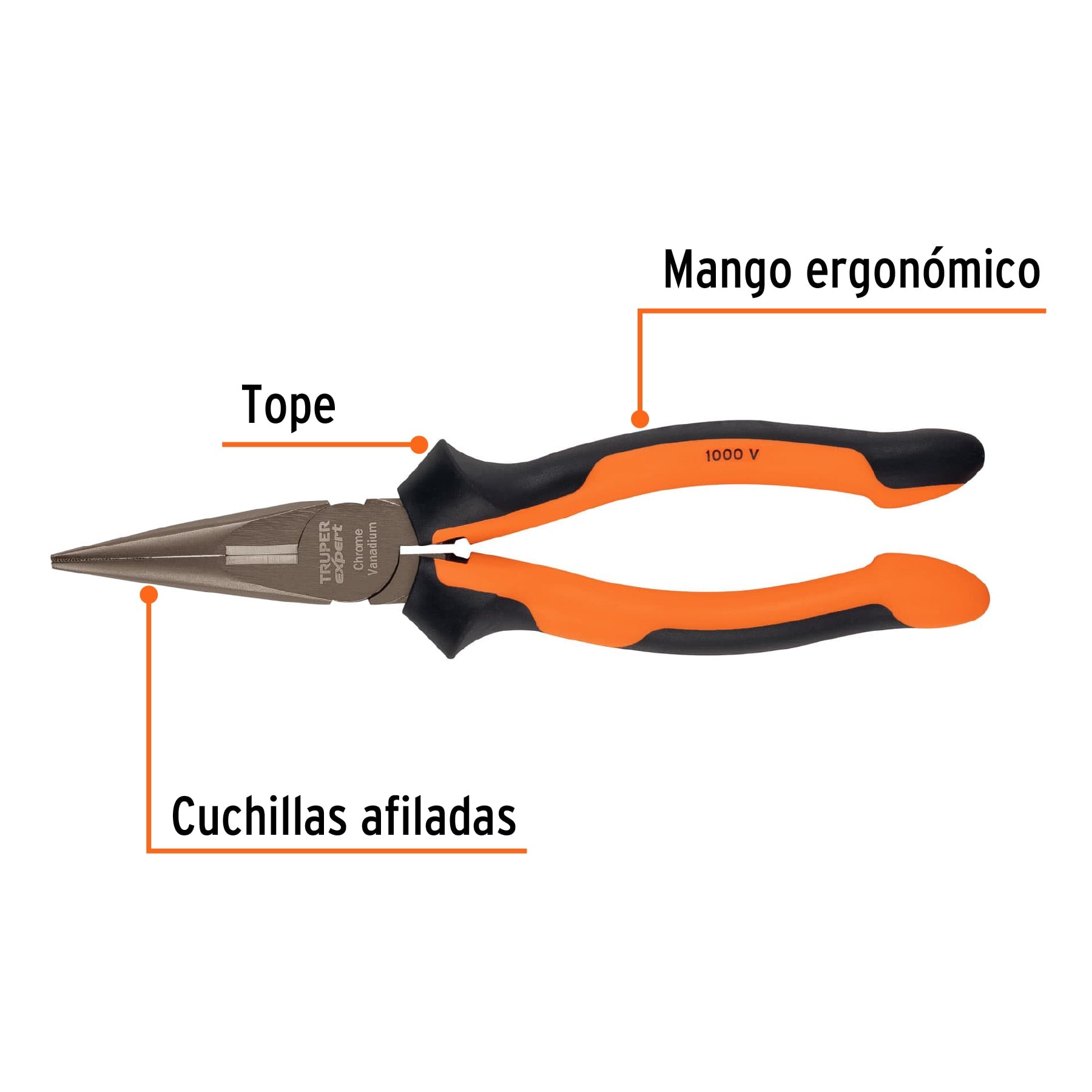 Pinza punta y corte 8" mango Comfort Grip, Truper Expert