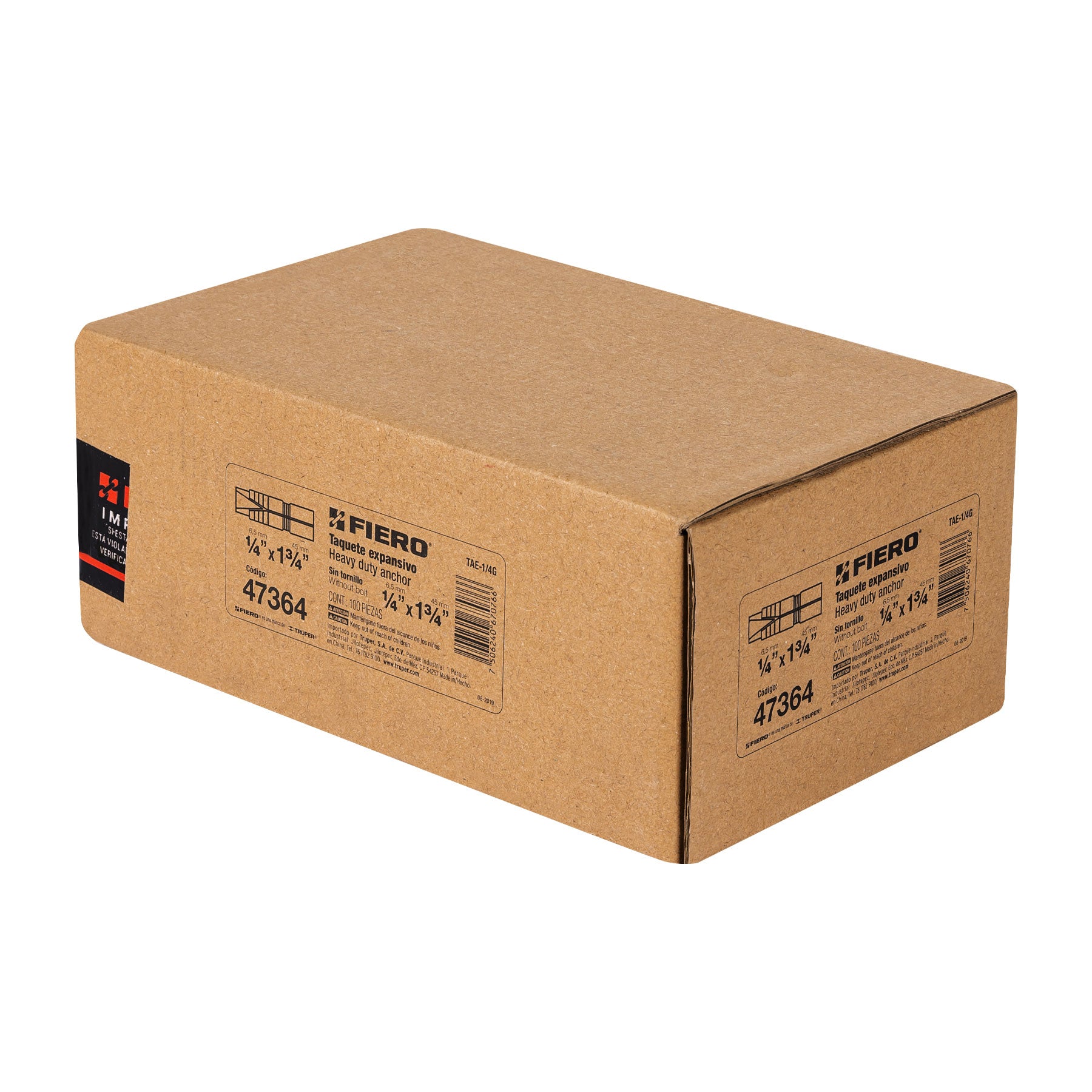 Caja con 100 taquetes expansivos de 1/4" sin tornillo, Fiero