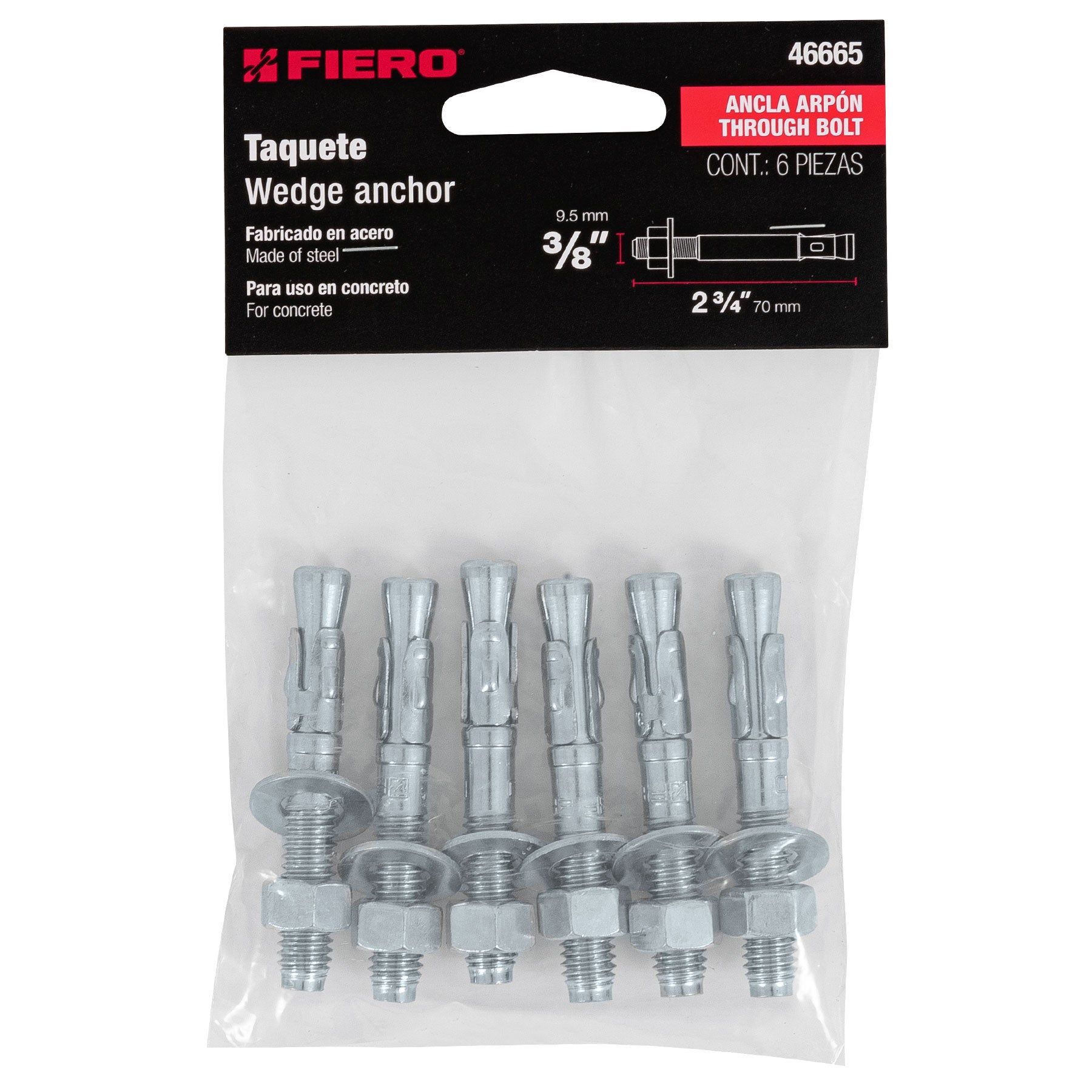 Bolsa con 6 taquetes arpón 3/8" x 2-3/4", Fiero