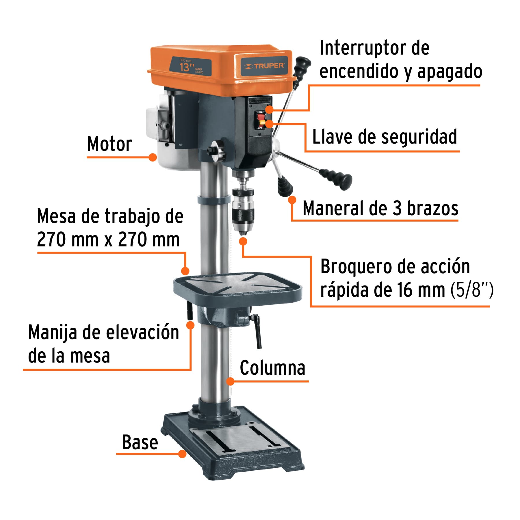 Taladro de piso 13", 3/4 HP (560 W), broquero 5/8", Truper