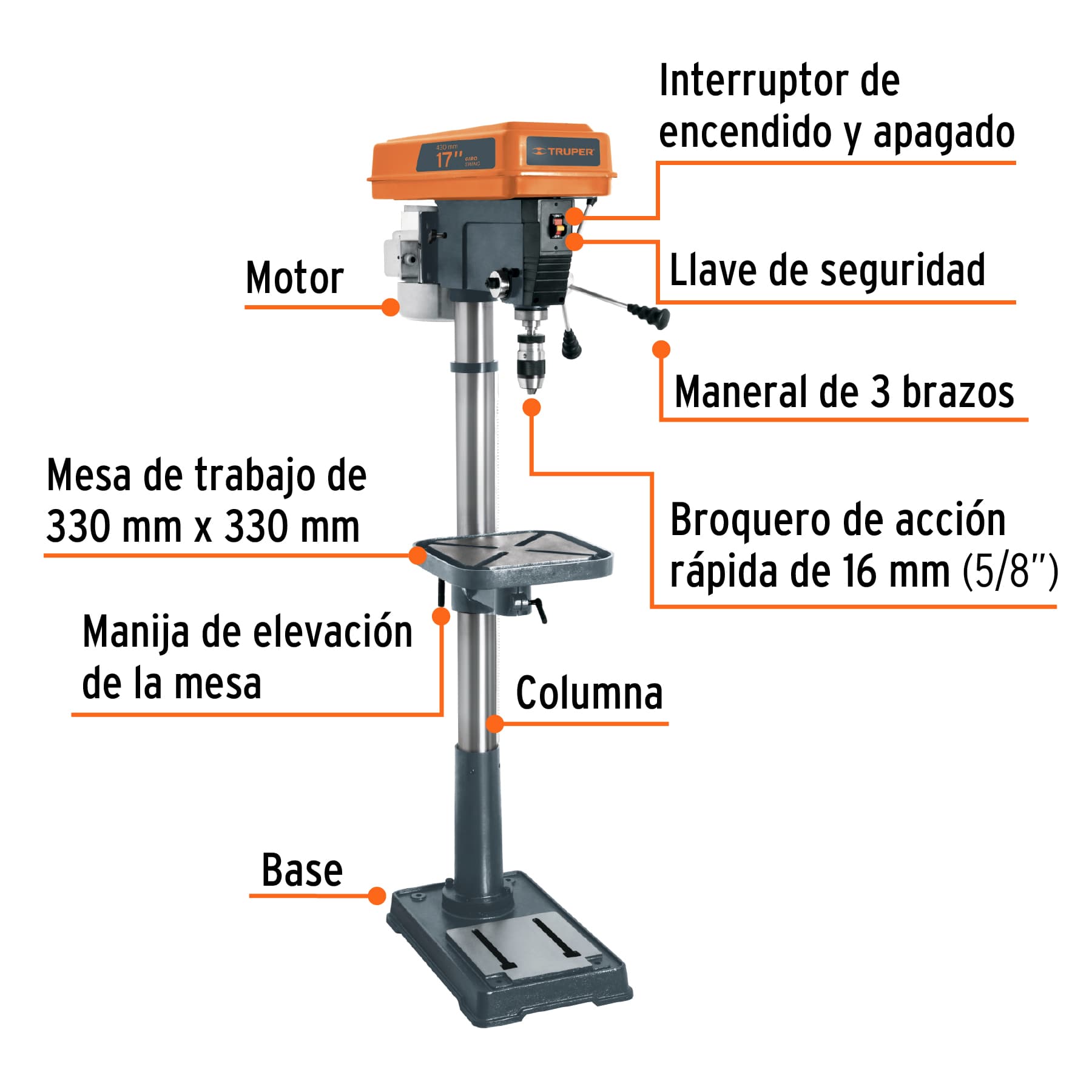 Taladro de piso 17", 1-1/2 HP (1200 W), broquero 5/8",Truper