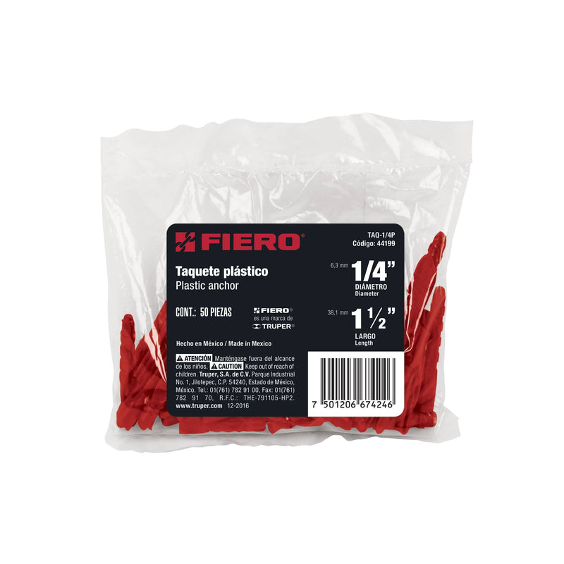Bolsa con 50 taquetes de plástico 1/4",  Fiero