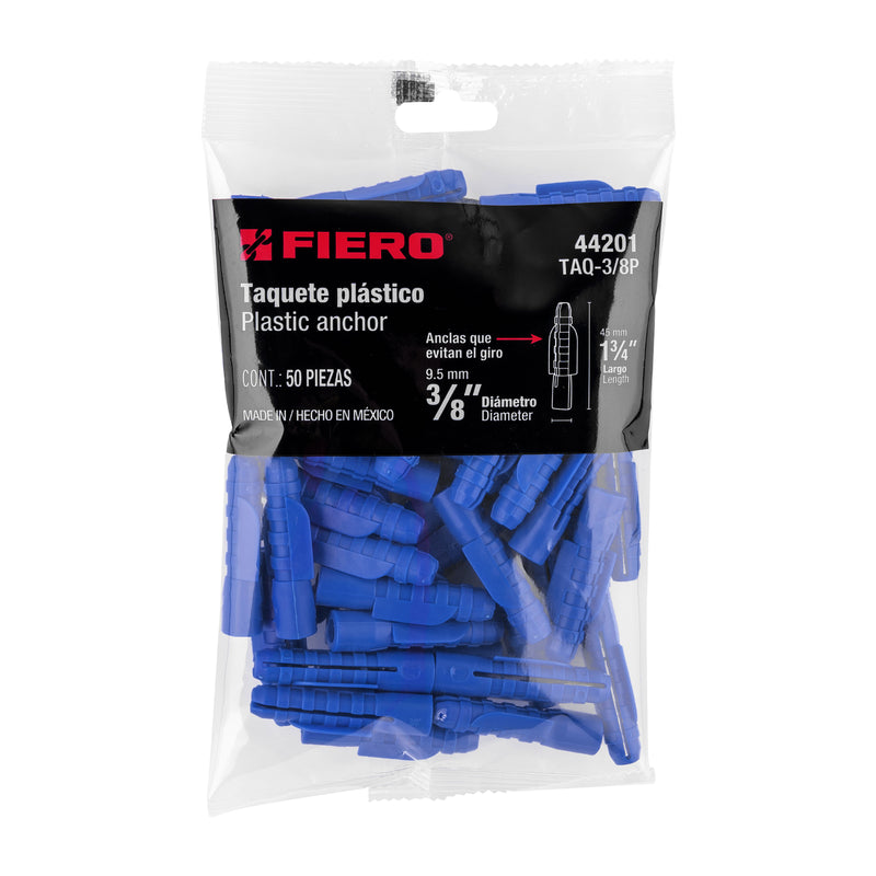 Bolsa con 50 taquetes de plástico 3/8",  Fiero
