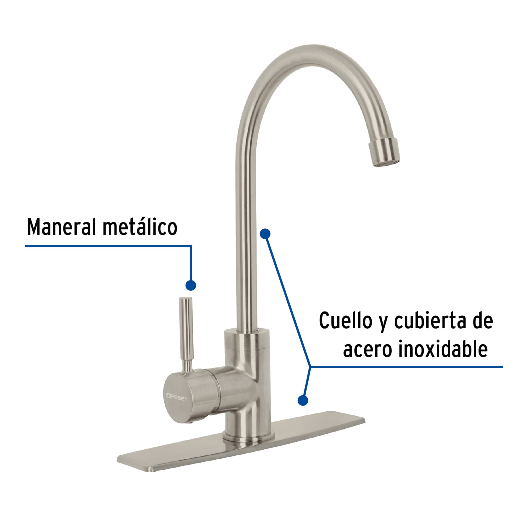 Monomando para fregadero, cuello alto, satín, Foset Tubig