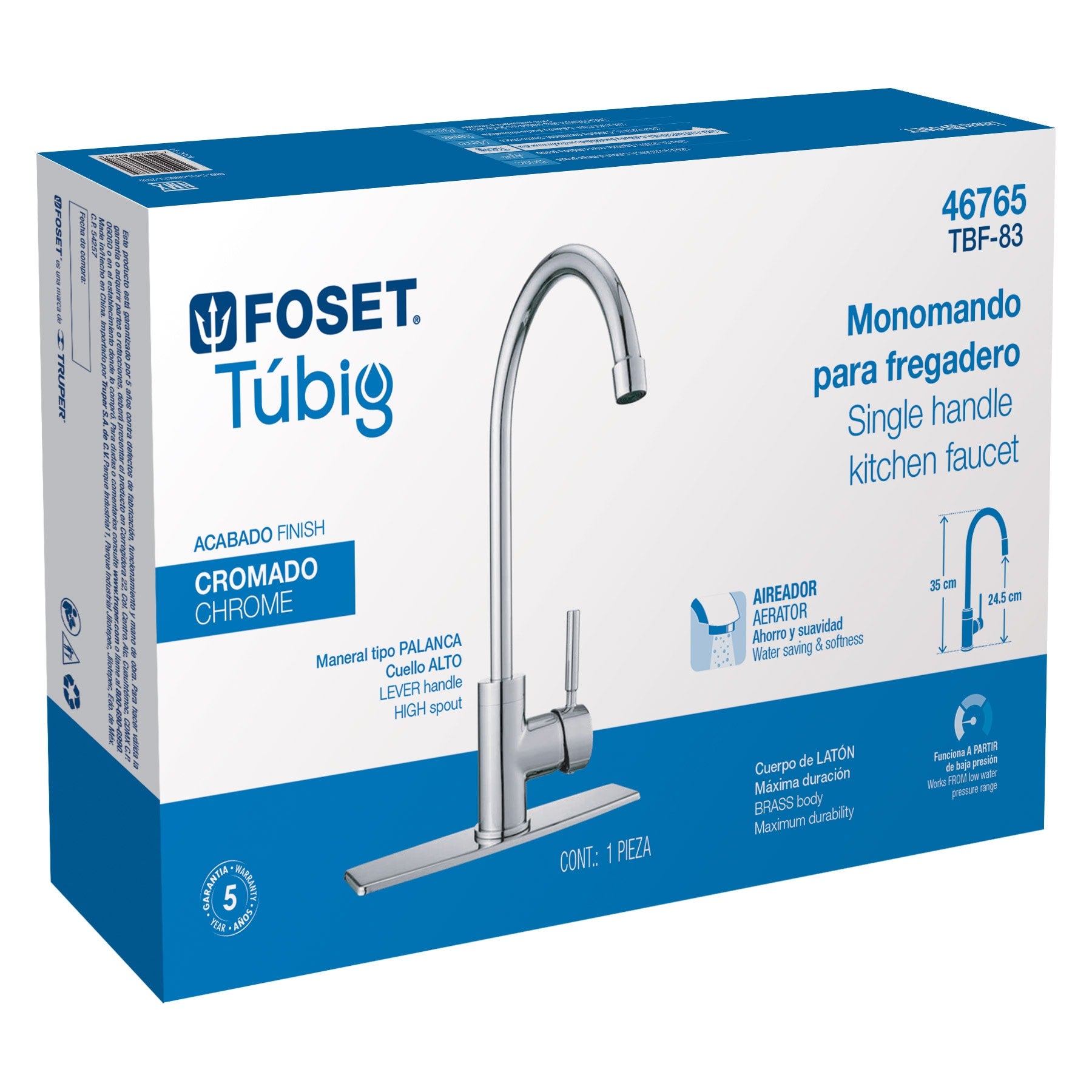Monomando para fregadero, cuello alto, cromo, Foset Tubig