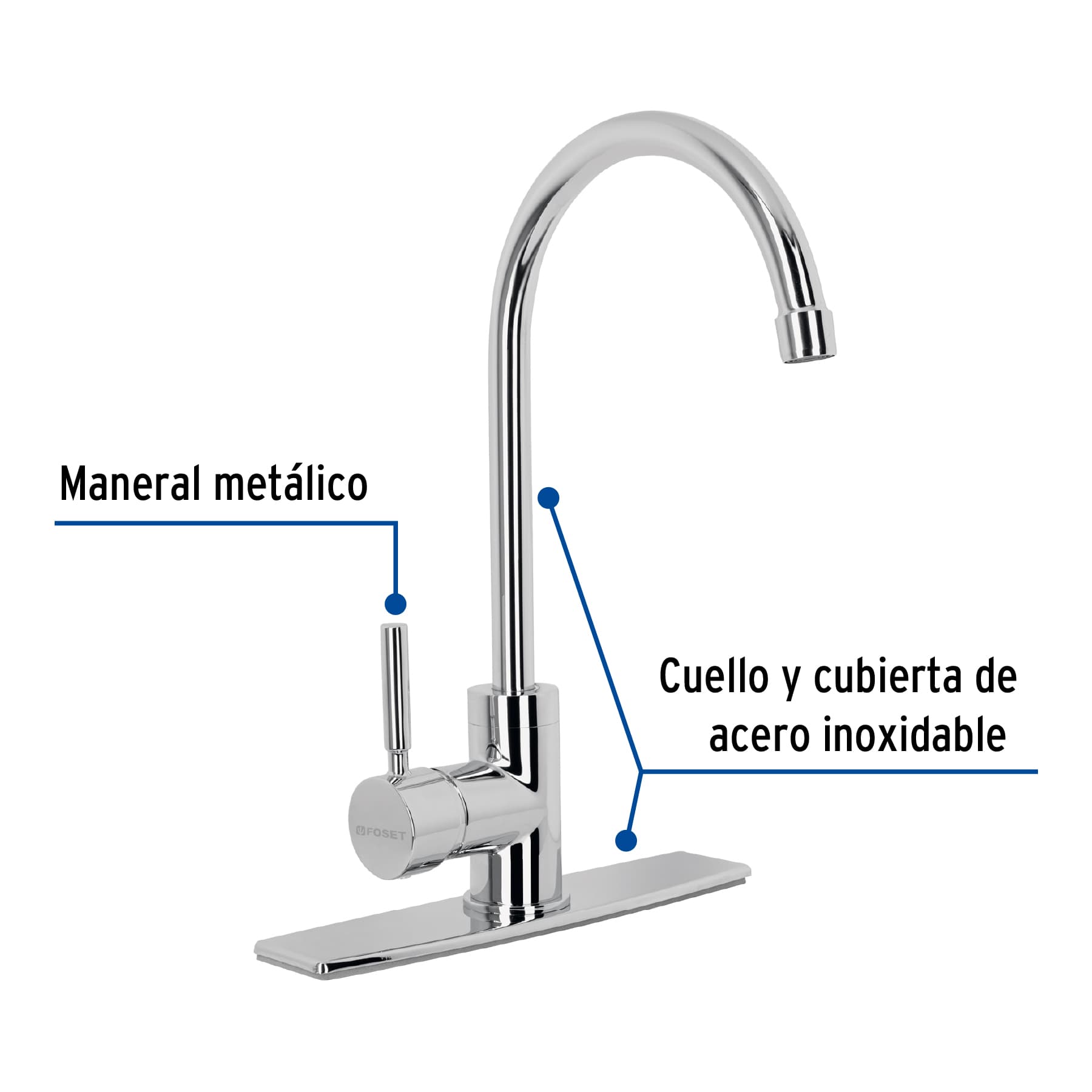 Monomando para fregadero, cuello alto, cromo, Foset Tubig