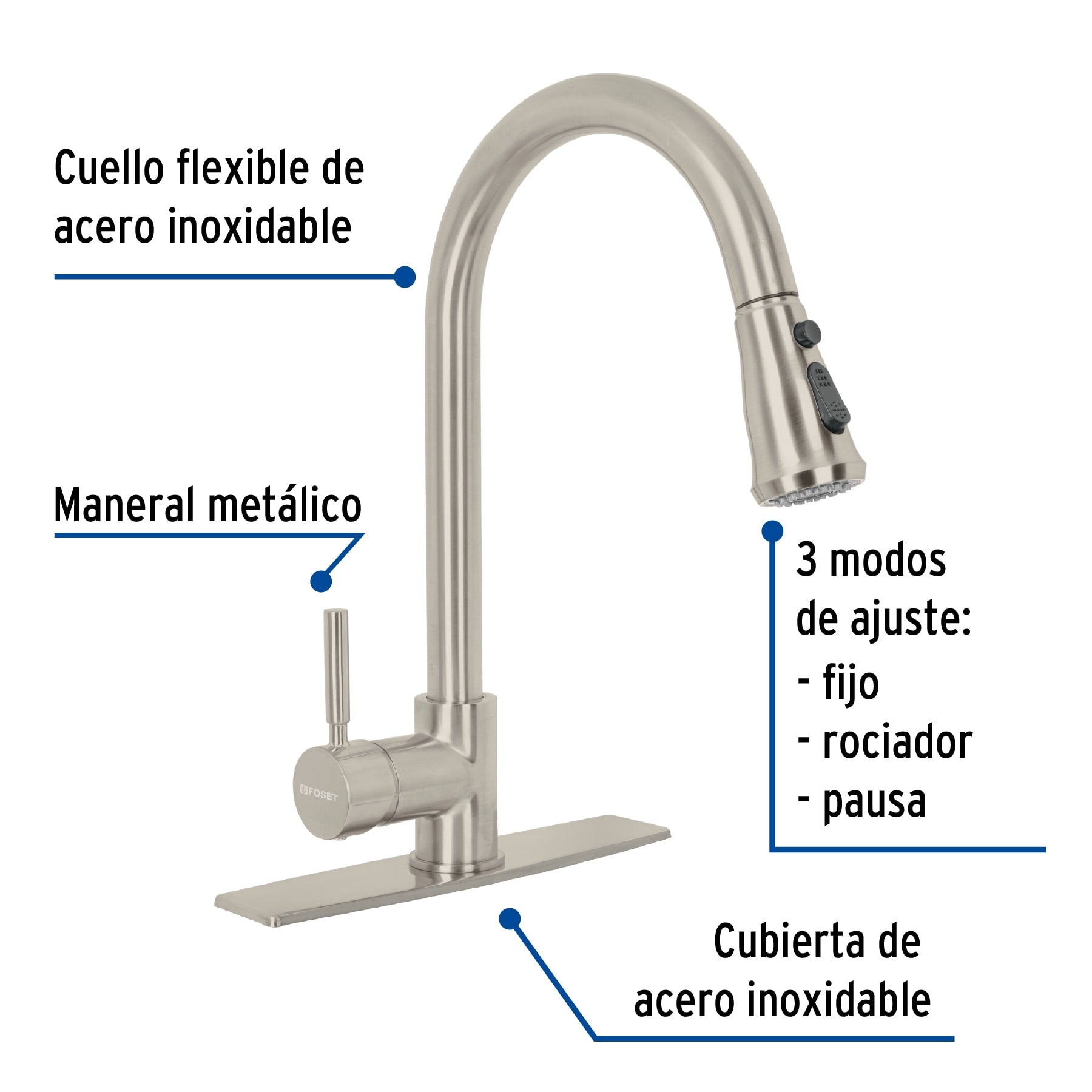 Monomando para fregadero, cuello extraible, satín, Tubig