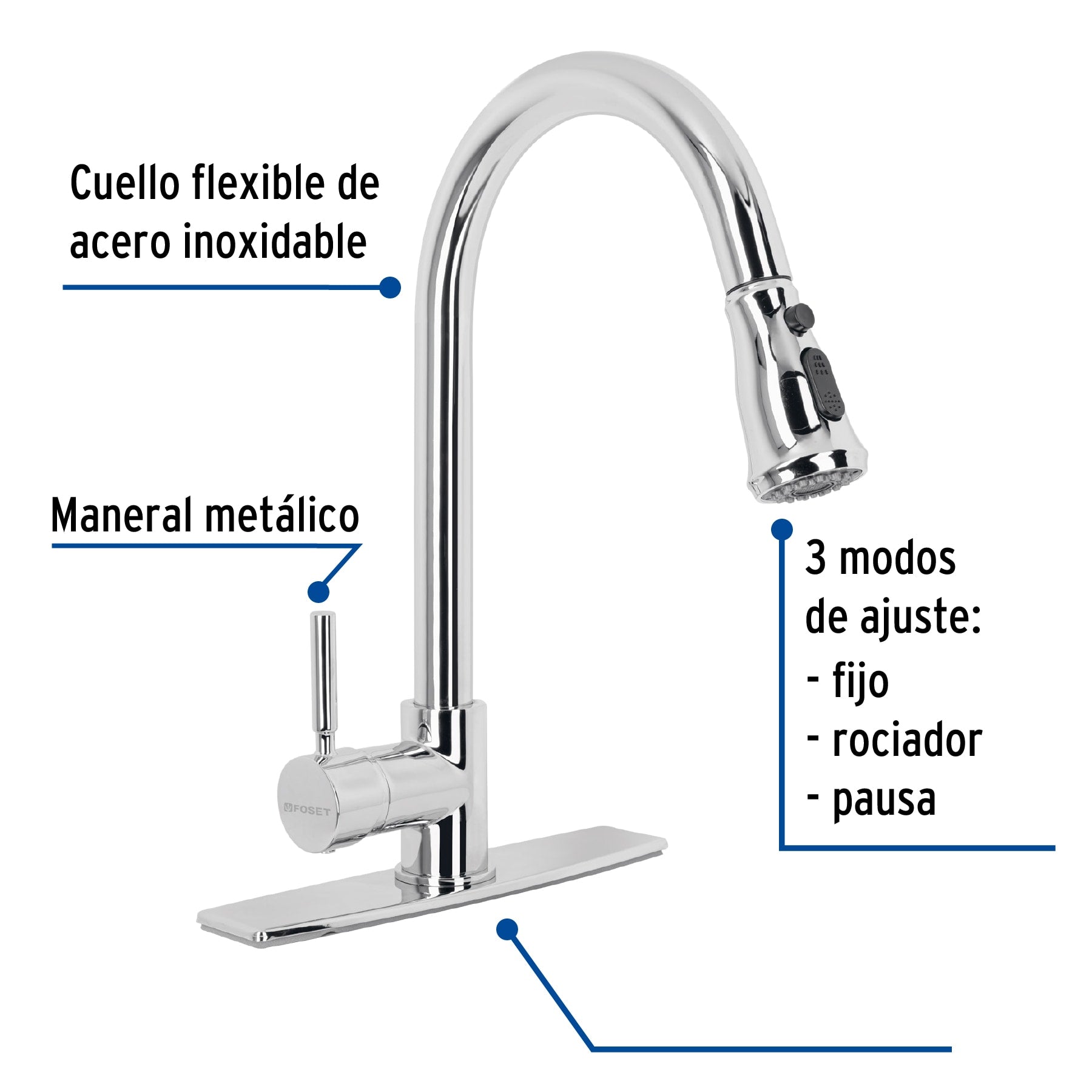 Monomando para fregadero, cuello extraible, cromo, Tubig