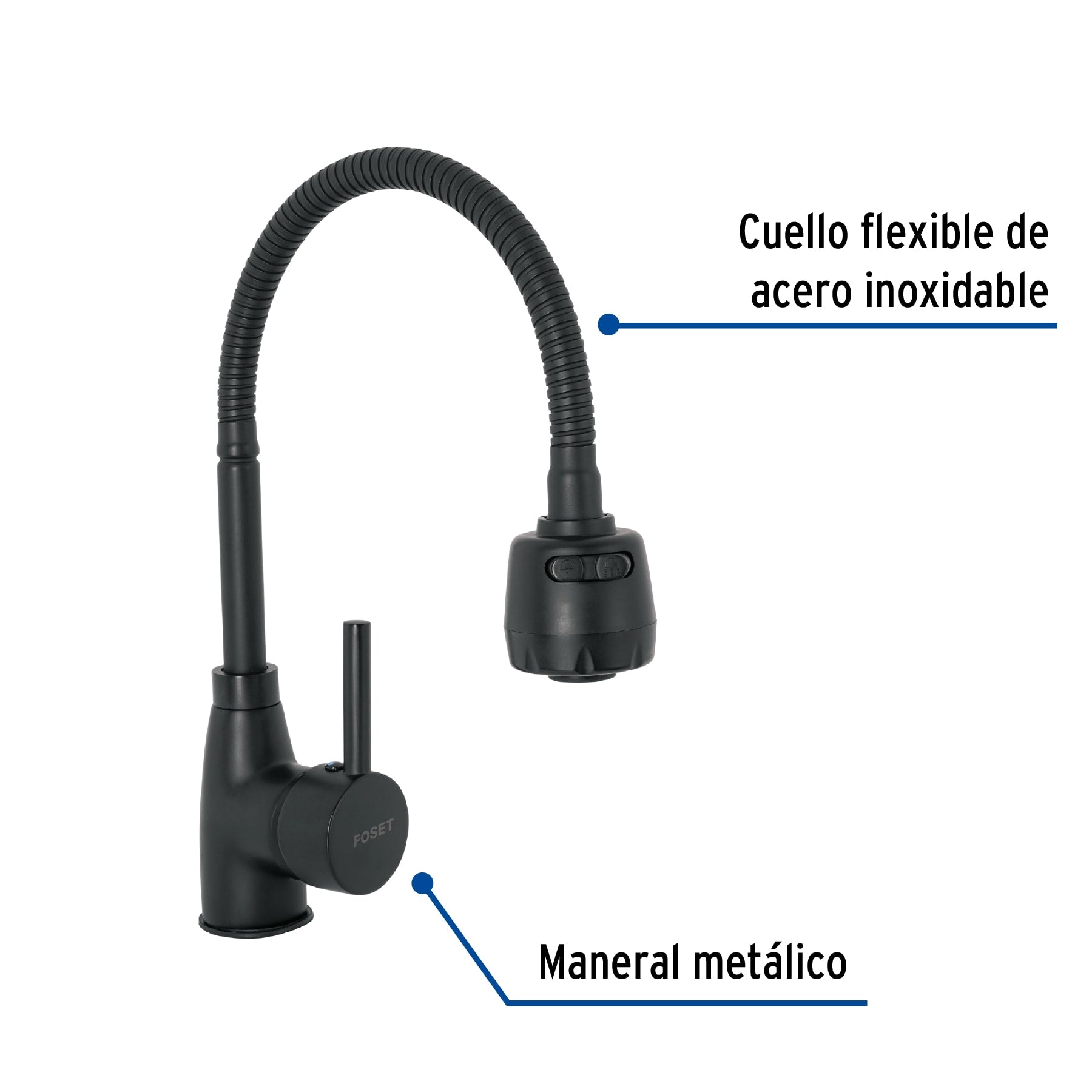 Monomando para fregadero con cuello flexible, negro, Tubig