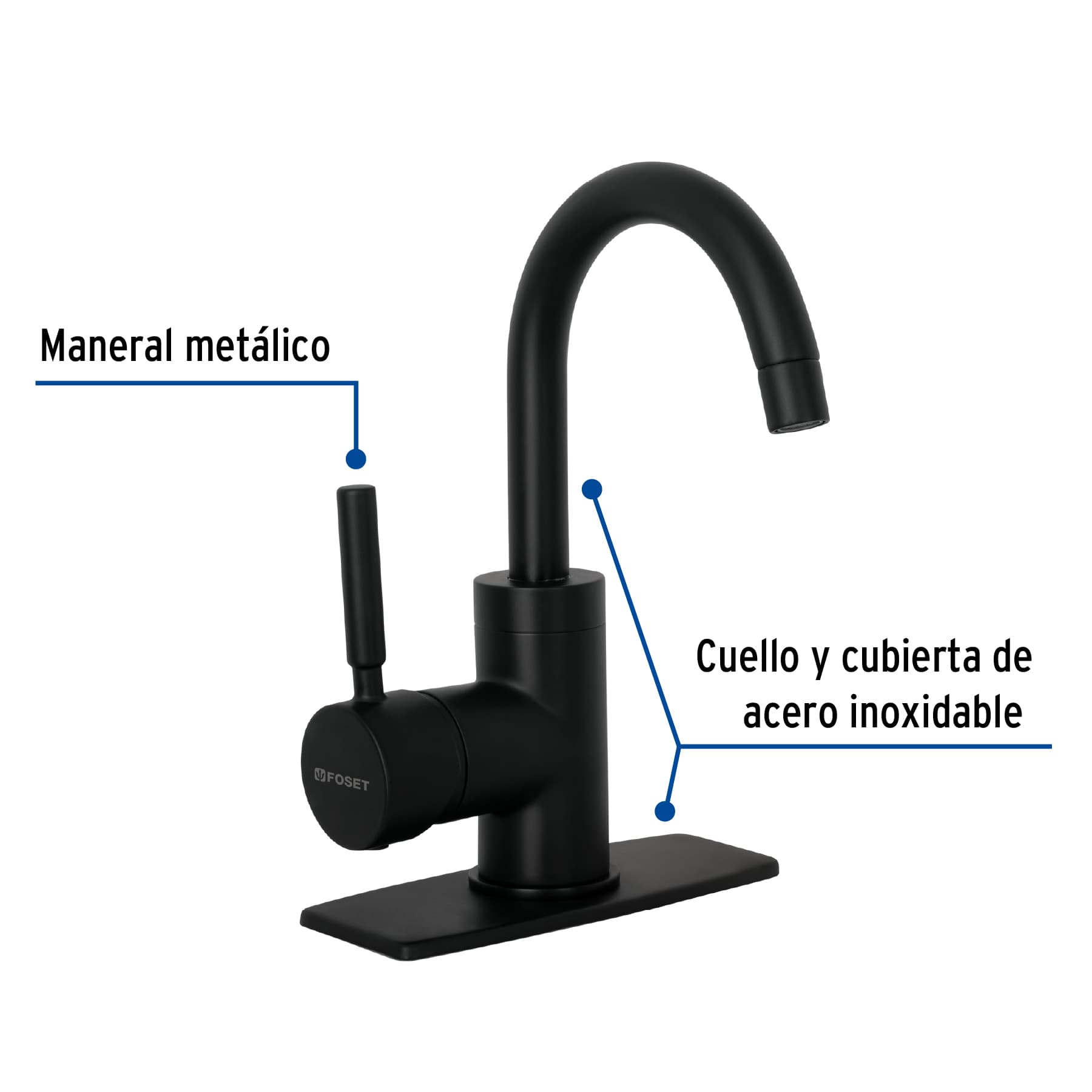 Monomando corto para lavabo, negro mate, Foset Tubig
