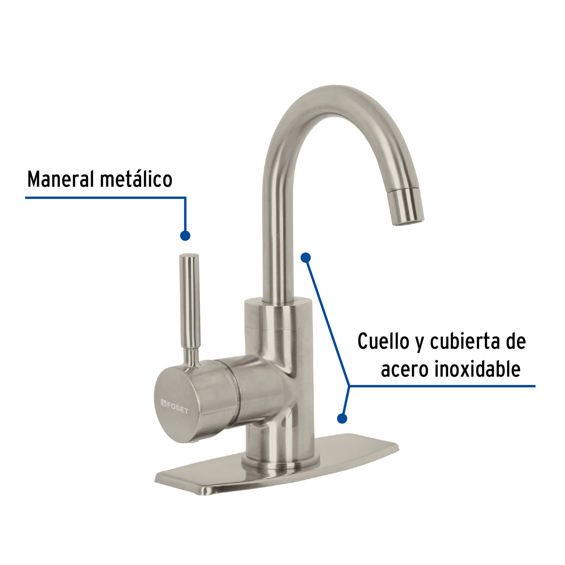 Monomando corto para lavabo, satín, Foset Tubig