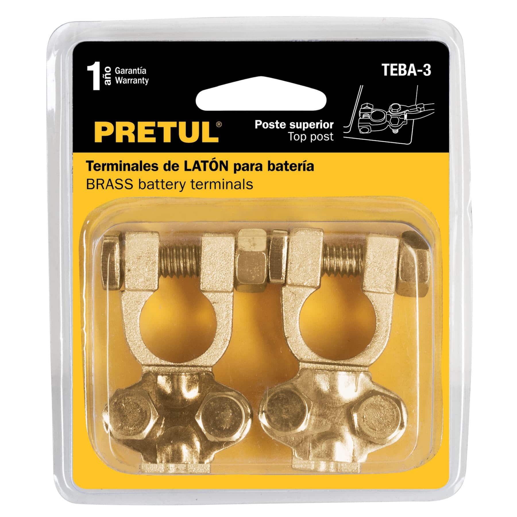 Blíster 2 terminales para batería, latón poste superior, Pretul