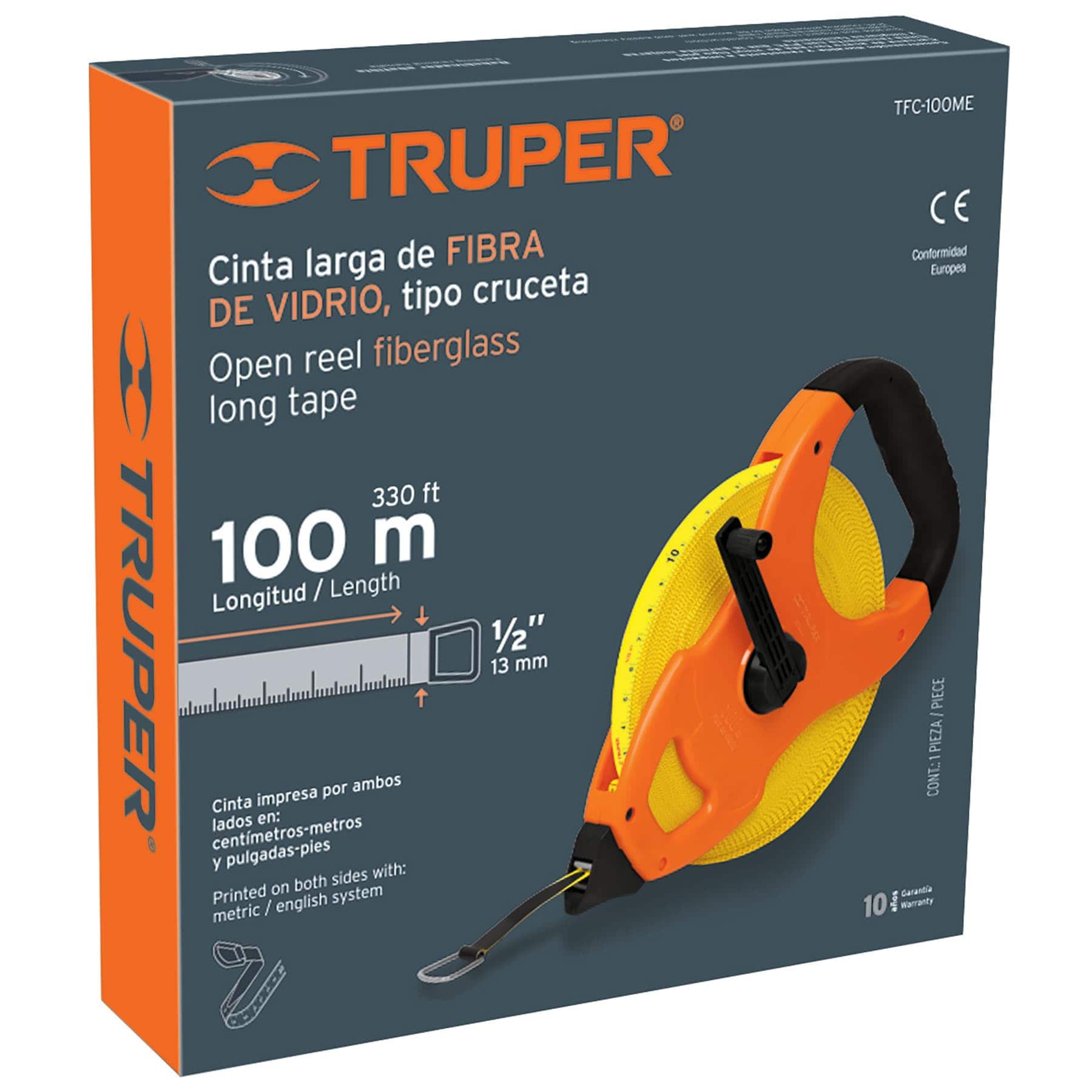 Cinta métrica larga 100m fibra de vidrio, tipo cruceta