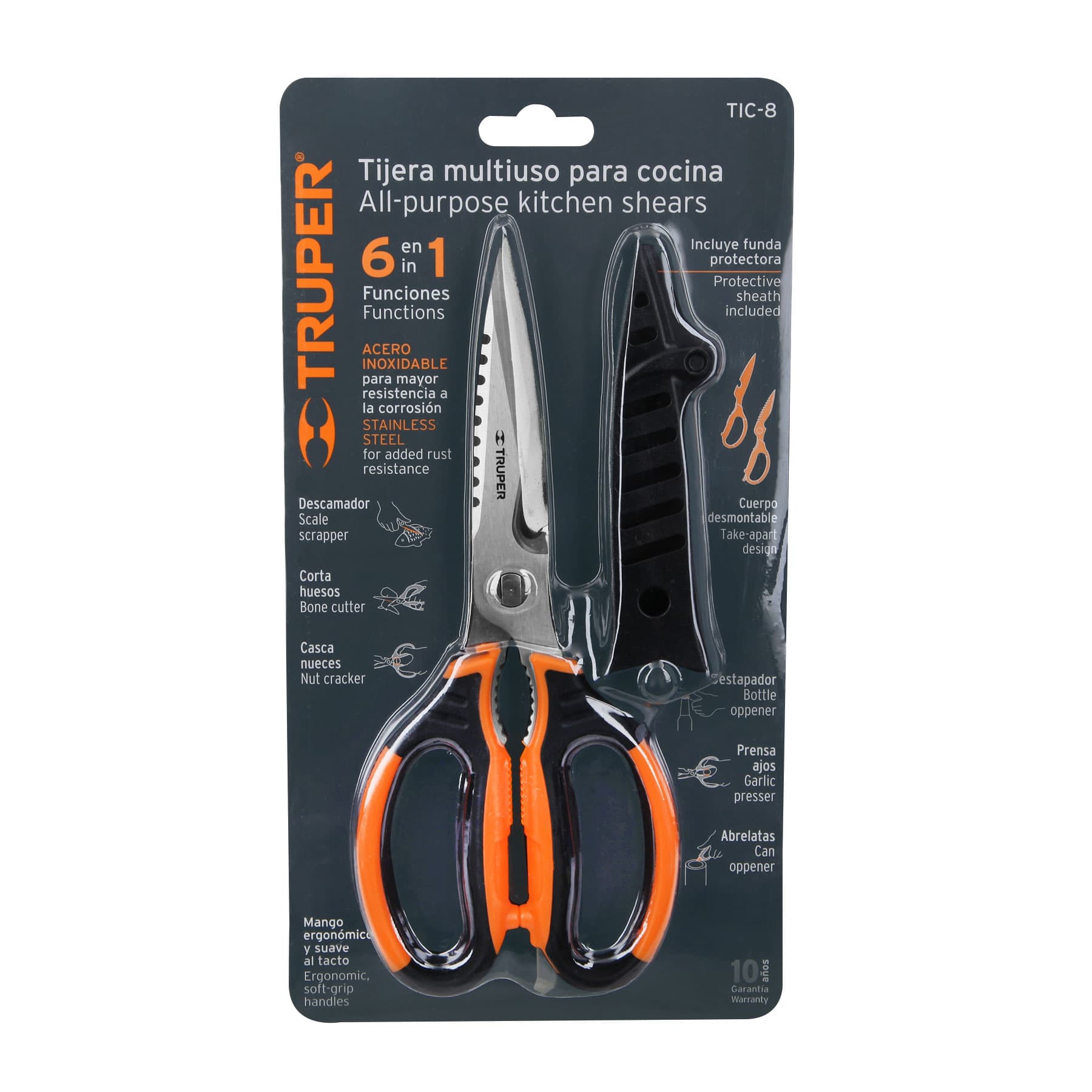 Tijera 8" multiusos de acero inoxidable para cocina mango Comfort Grip