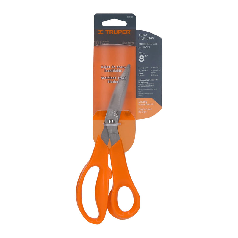 Tijera 8" multiusos de acero inoxidable,  cuchillas dentadas
