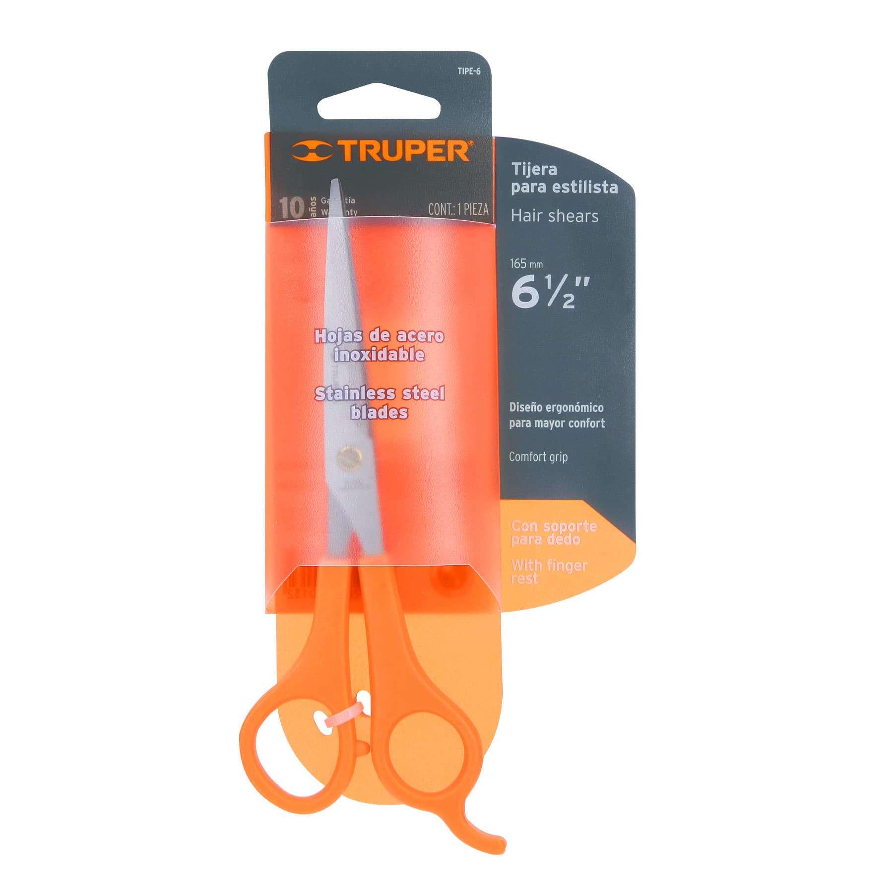 Tijera 6" acero inox con gancho, para estilista, Truper