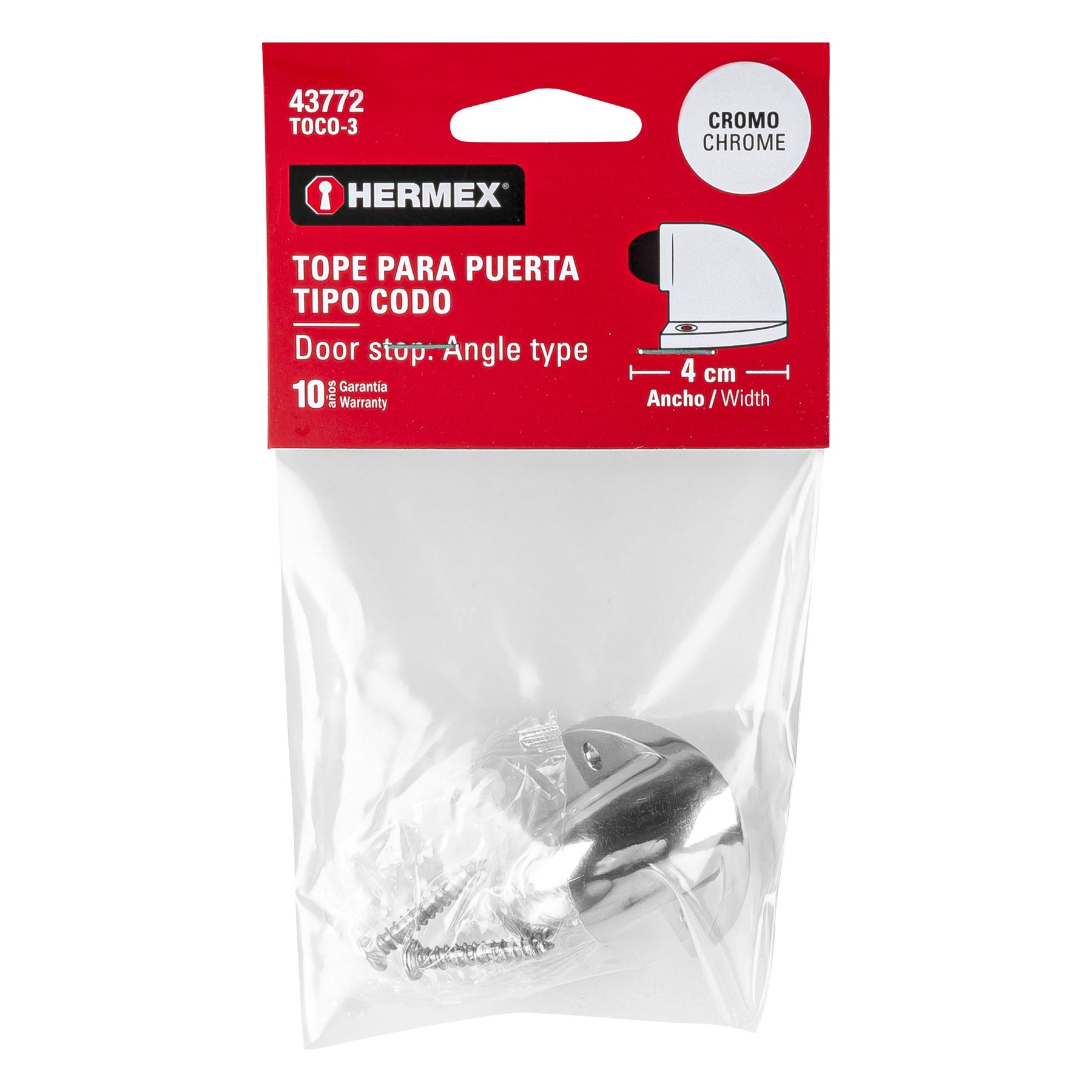 Tope tipo codo para puerta, acabado cromo Hermex