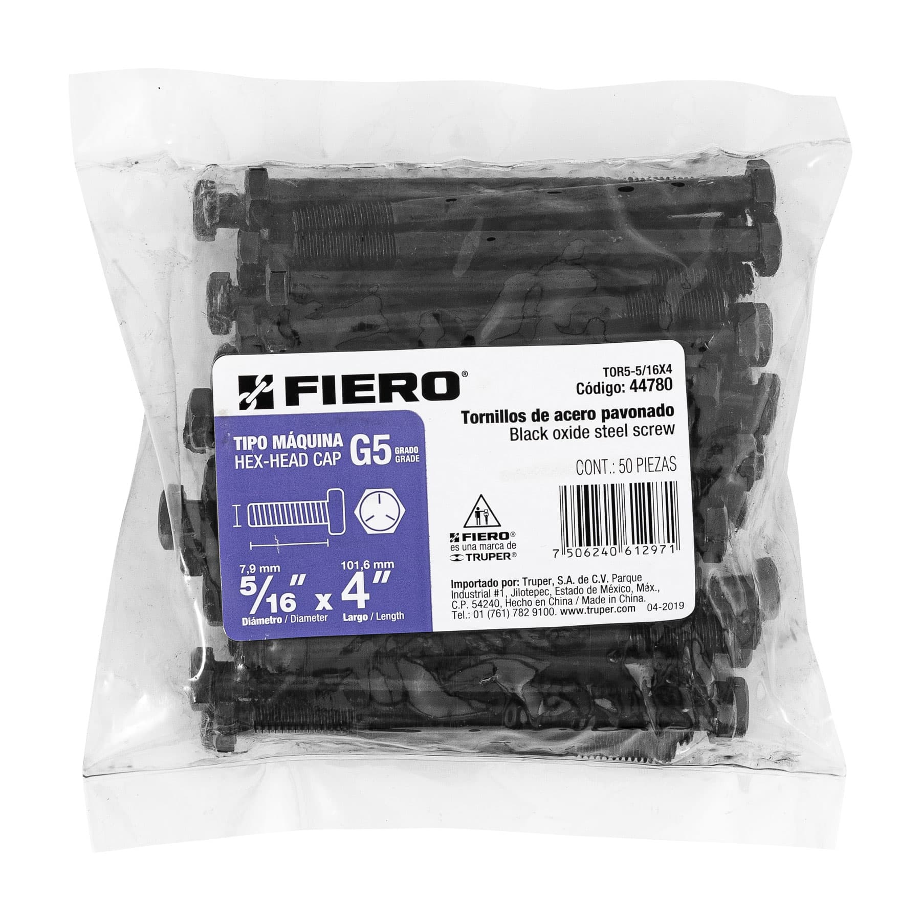 Bolsa con 50 tornillos 5/16" x 4" acero grado 5, Fiero