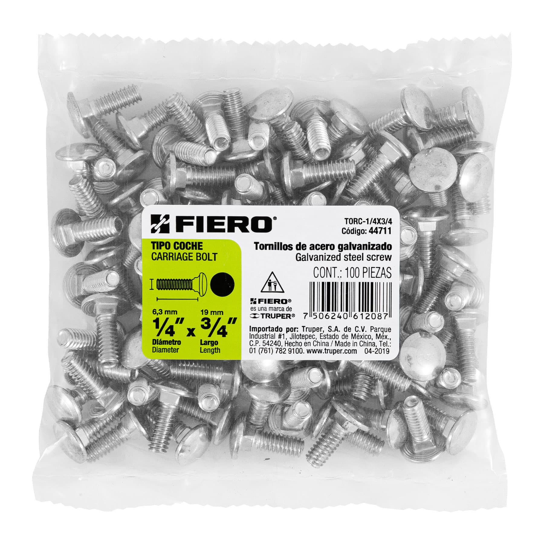 Bolsa con 100 tornillos 1/4" x 3/4" tipo coche, Fiero