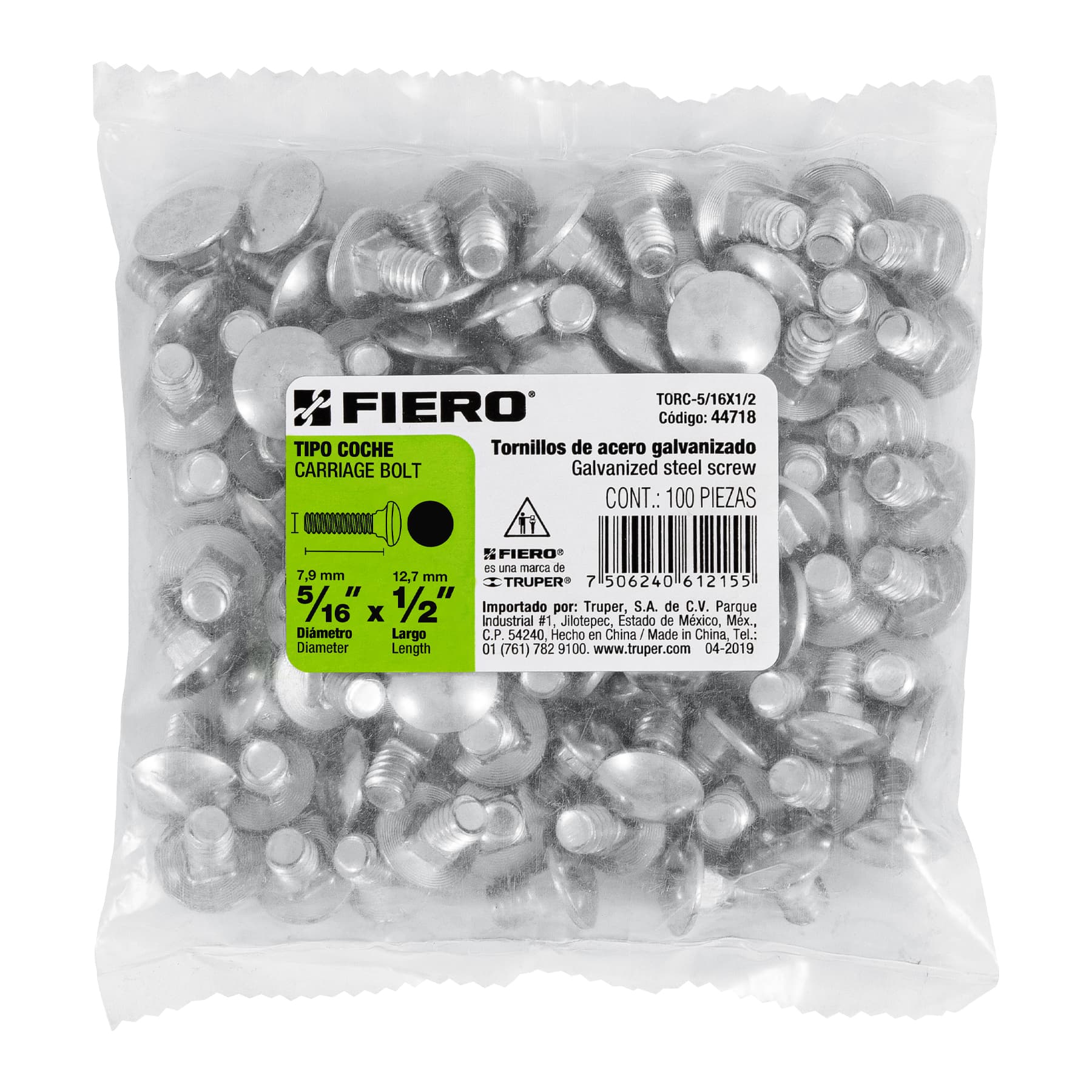 Bolsa con 100 tornillos 5/16" x 1/2" tipo coche, Fiero