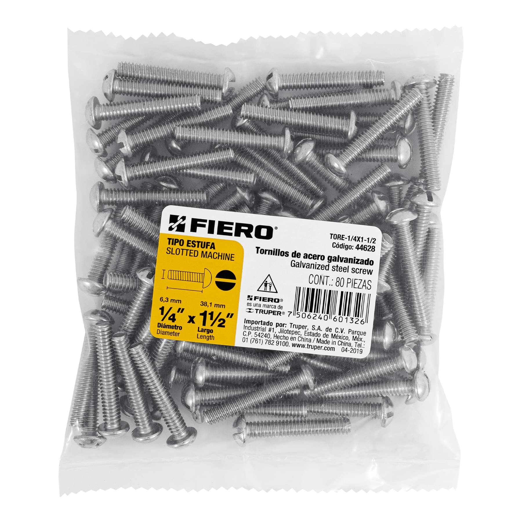 Bolsa con 80 tornillos 1/4" x 1-1/2" tipo estufa, Fiero