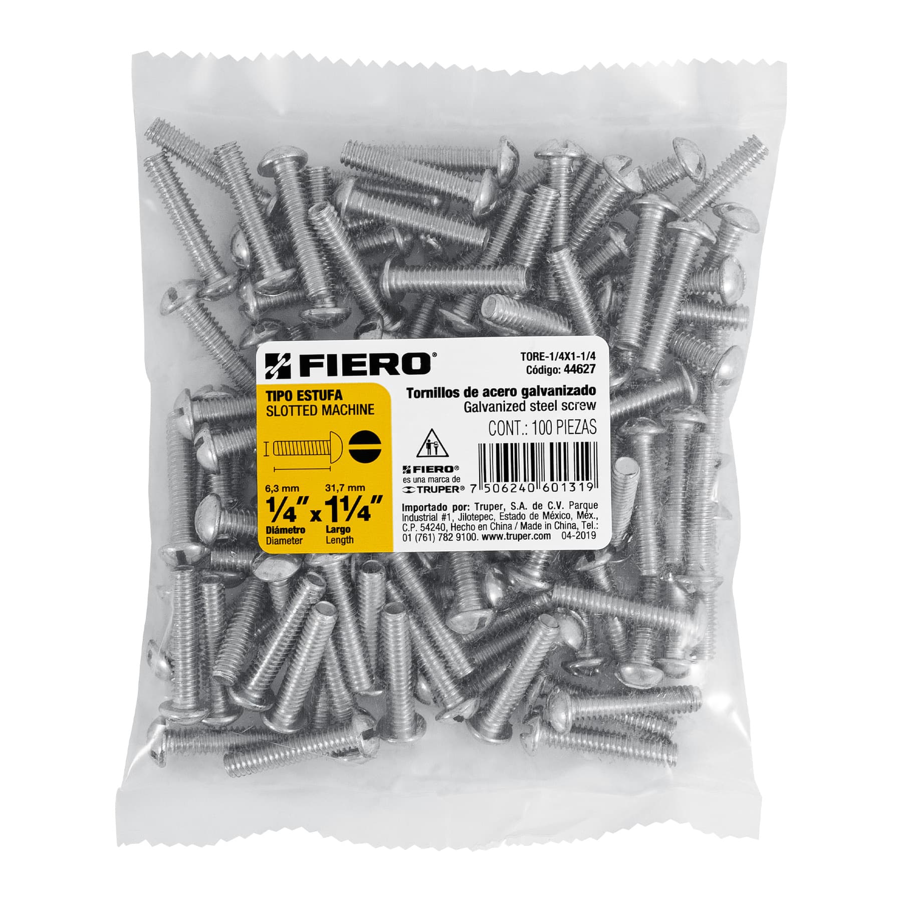 Bolsa con 100 tornillos 1/4" x 1-1/4" tipo estufa, Fiero
