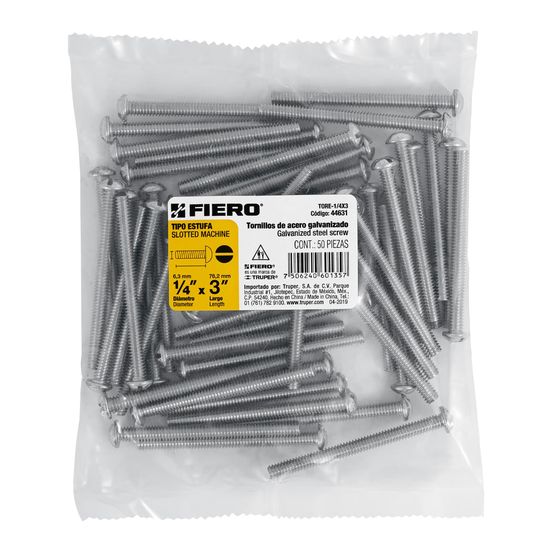 Bolsa con 50 tornillos 1/4" x 3" tipo estufa, Fiero