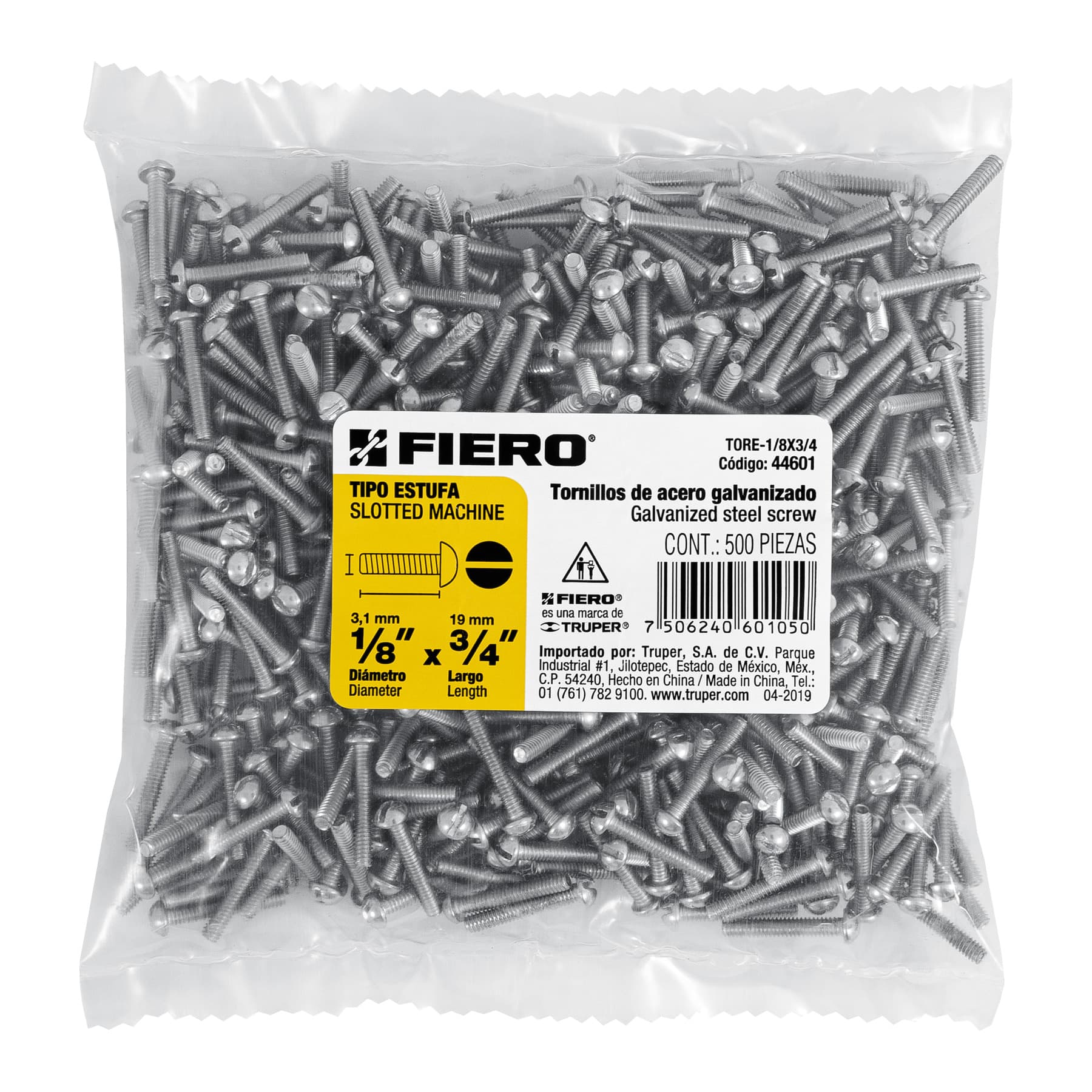 Bolsa con 500 tornillos 1/8" x 3/4" tipo estufa, Fiero