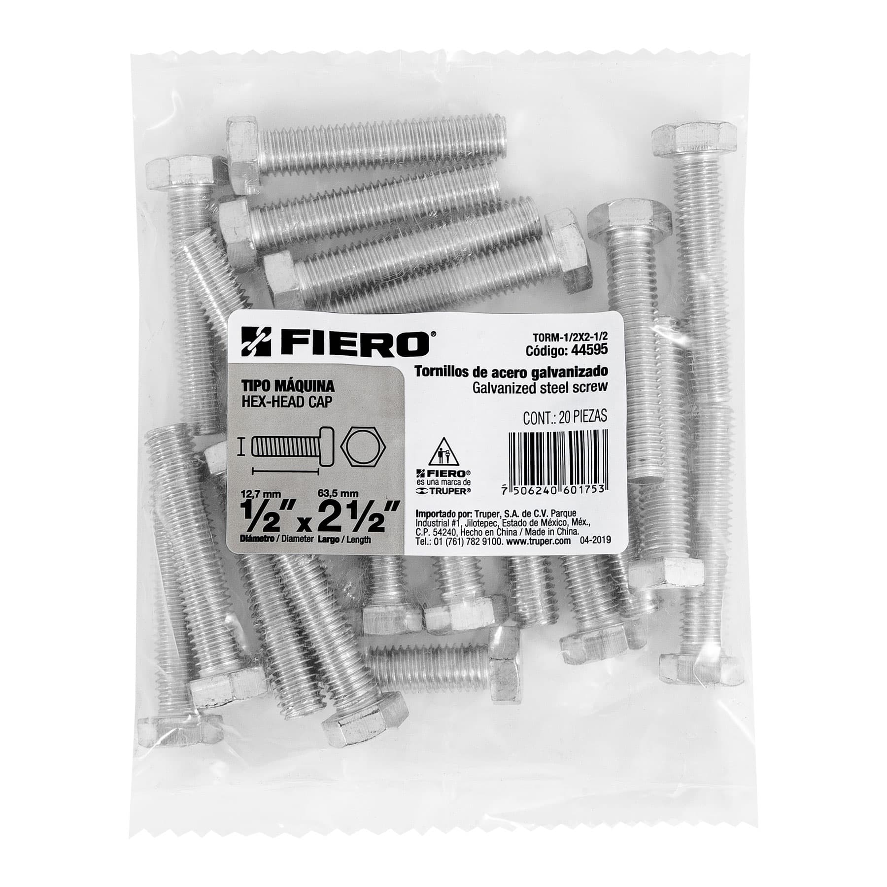 Bolsa con 20 tornillos 1/2" x 2-1/2" tipo máquina, Fiero