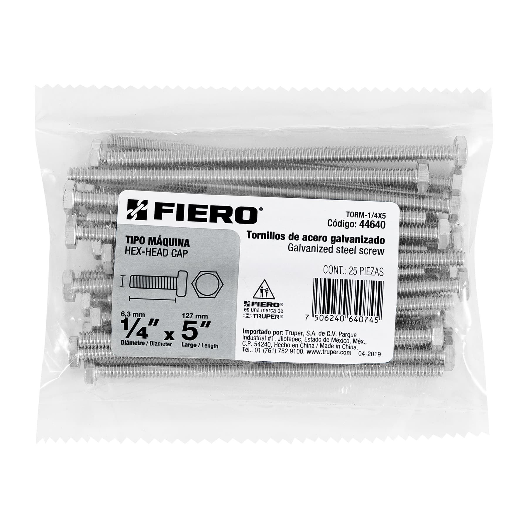 Bolsa con 25 tornillos 1/4" x 5" tipo máquina, Fiero