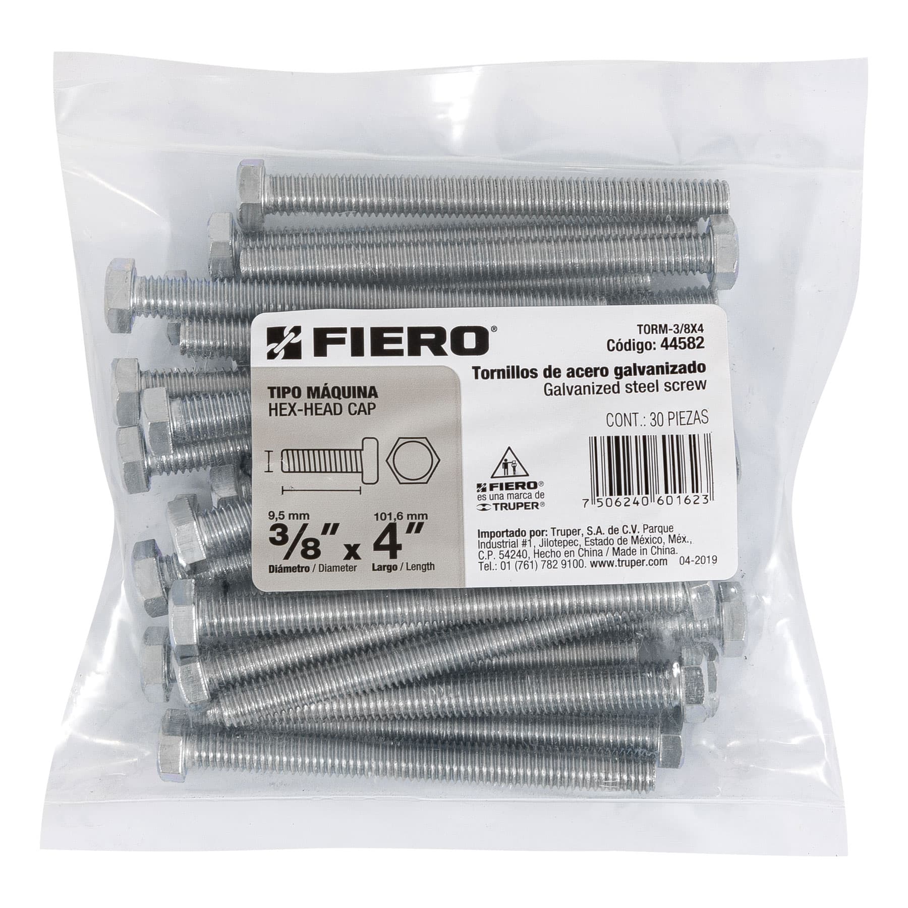 Bolsa con 30 tornillos 3/8" x 4" tipo máquina, Fiero