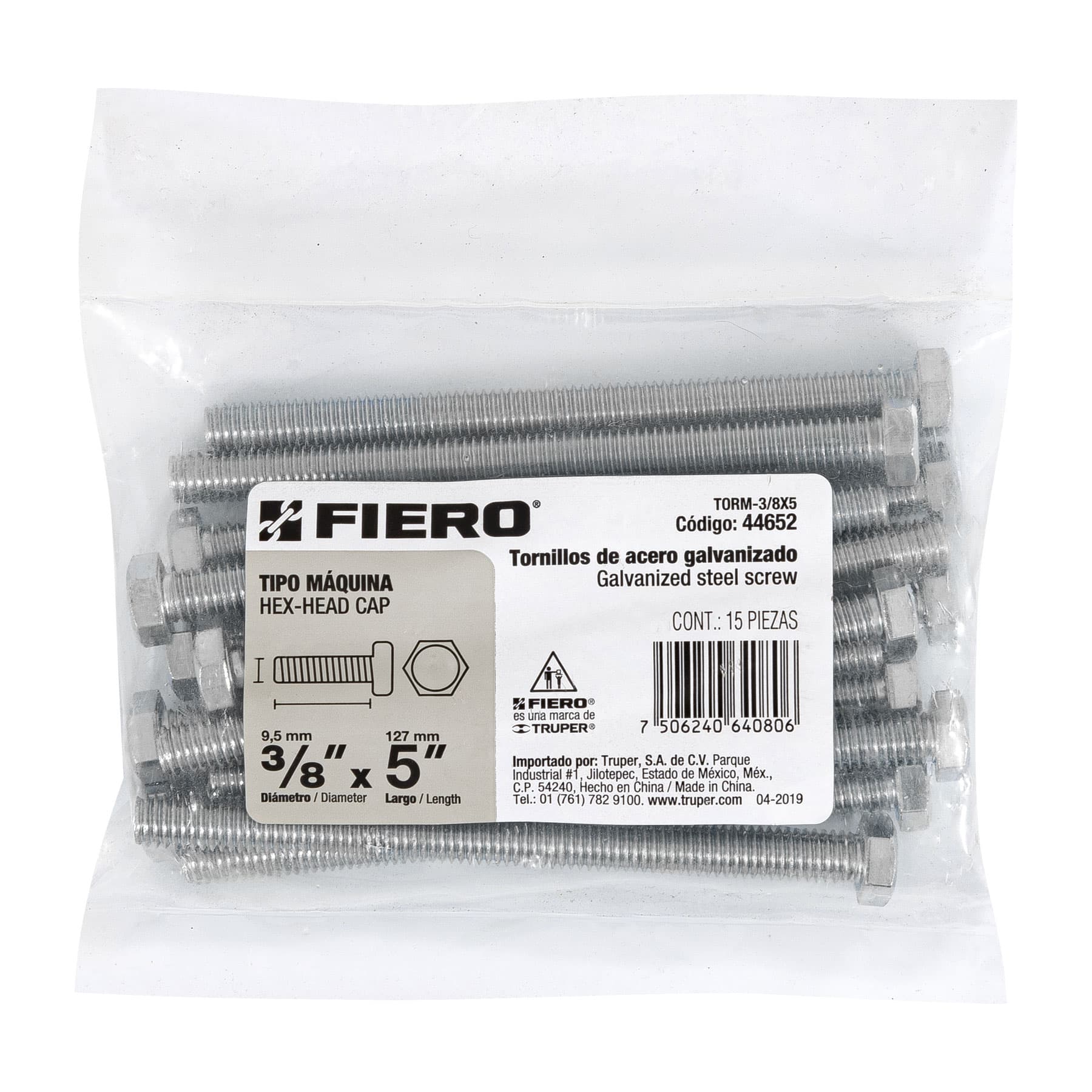 Bolsa con 15 tornillos 3/8" x 5" tipo máquina, Fiero