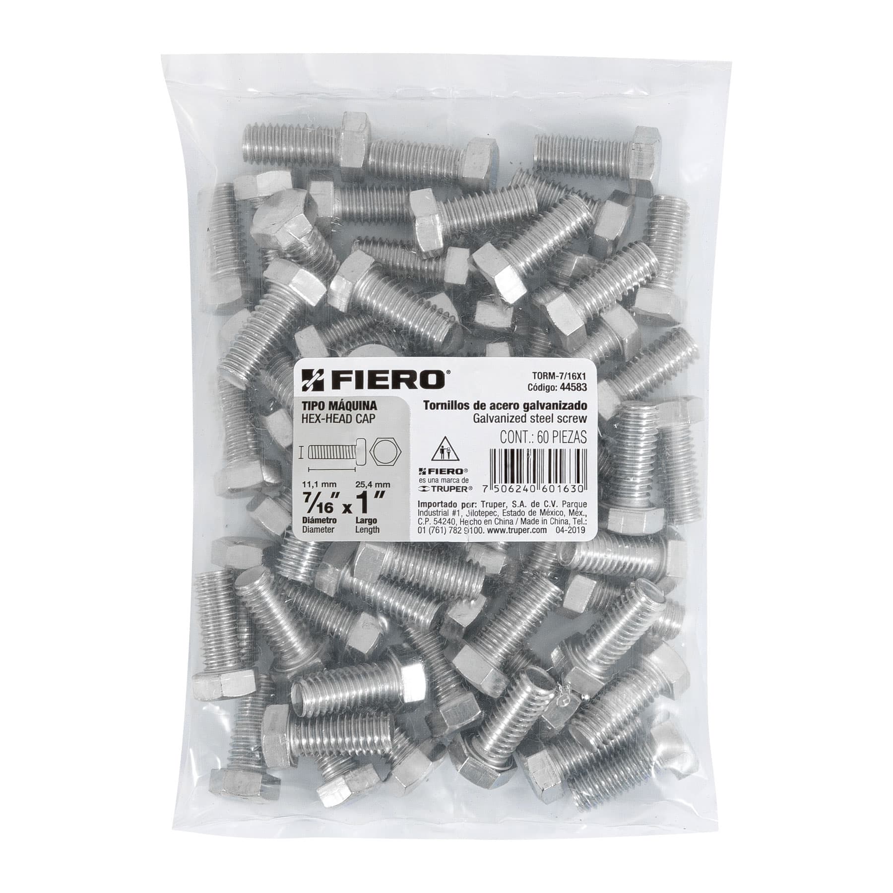 Bolsa con 60 tornillos 7/16" x 1" tipo máquina, Fiero