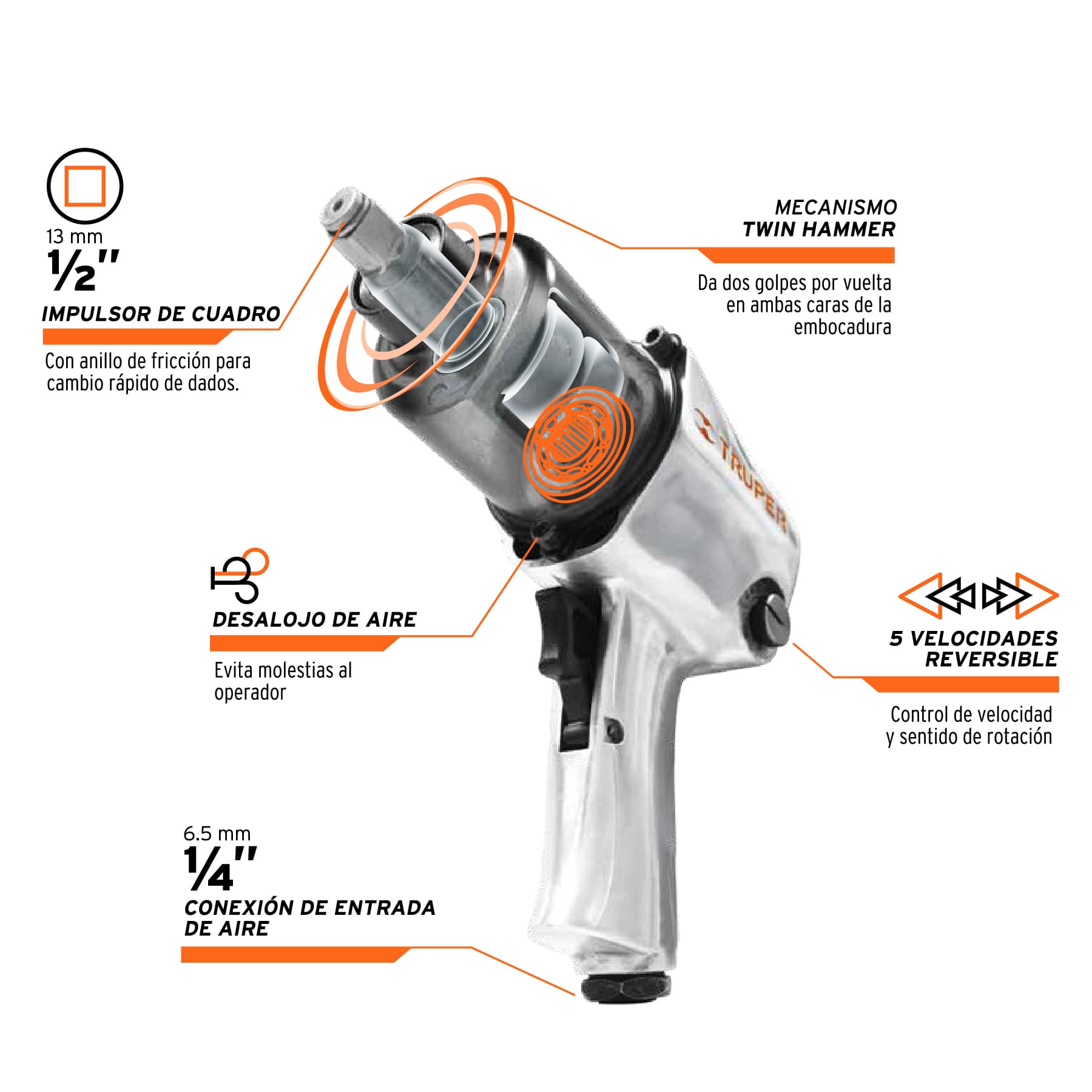 Llave (pistola) de impacto neumática 1/2", ind, Truper