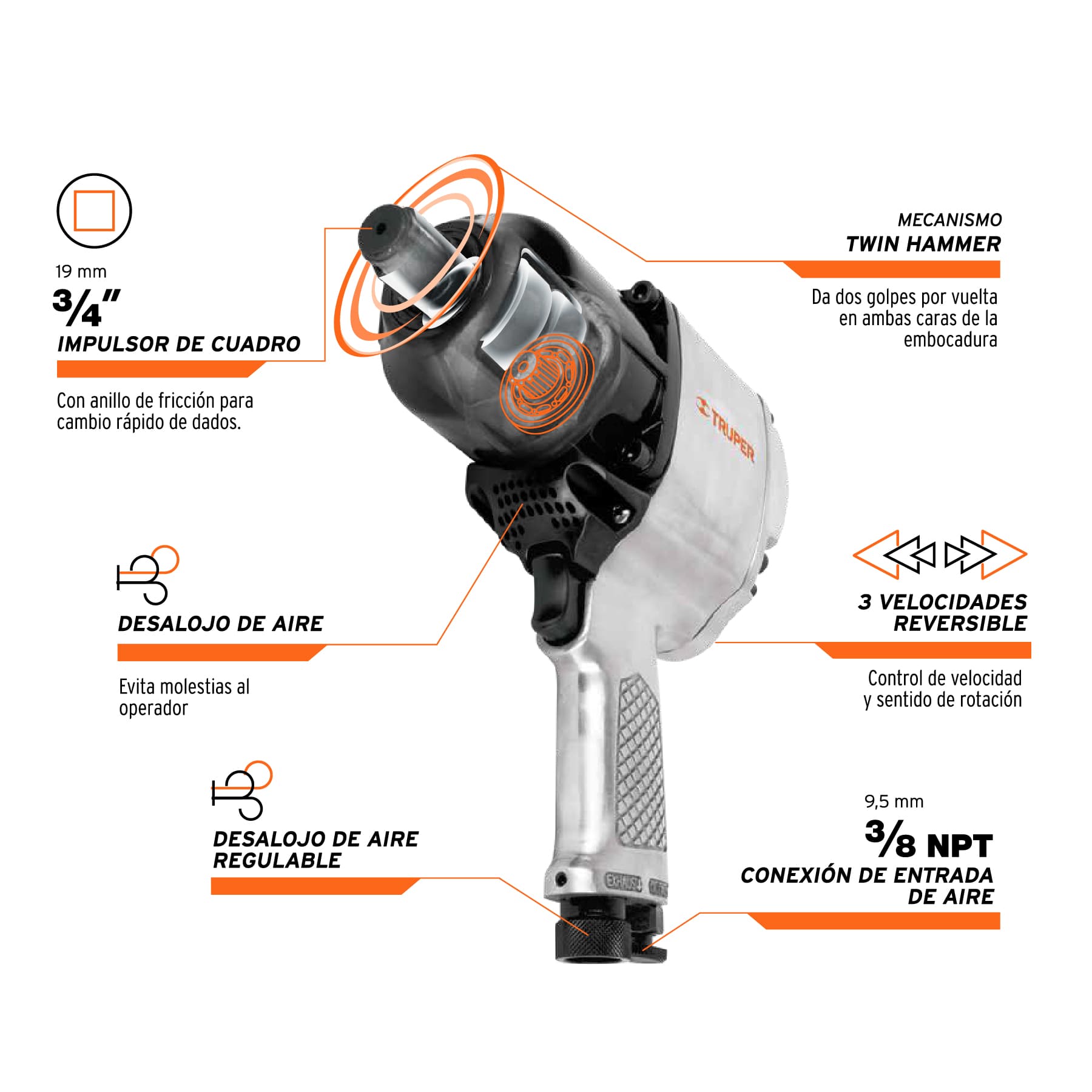 Llave (pistola) de impacto neumática 3/4", ind, Truper