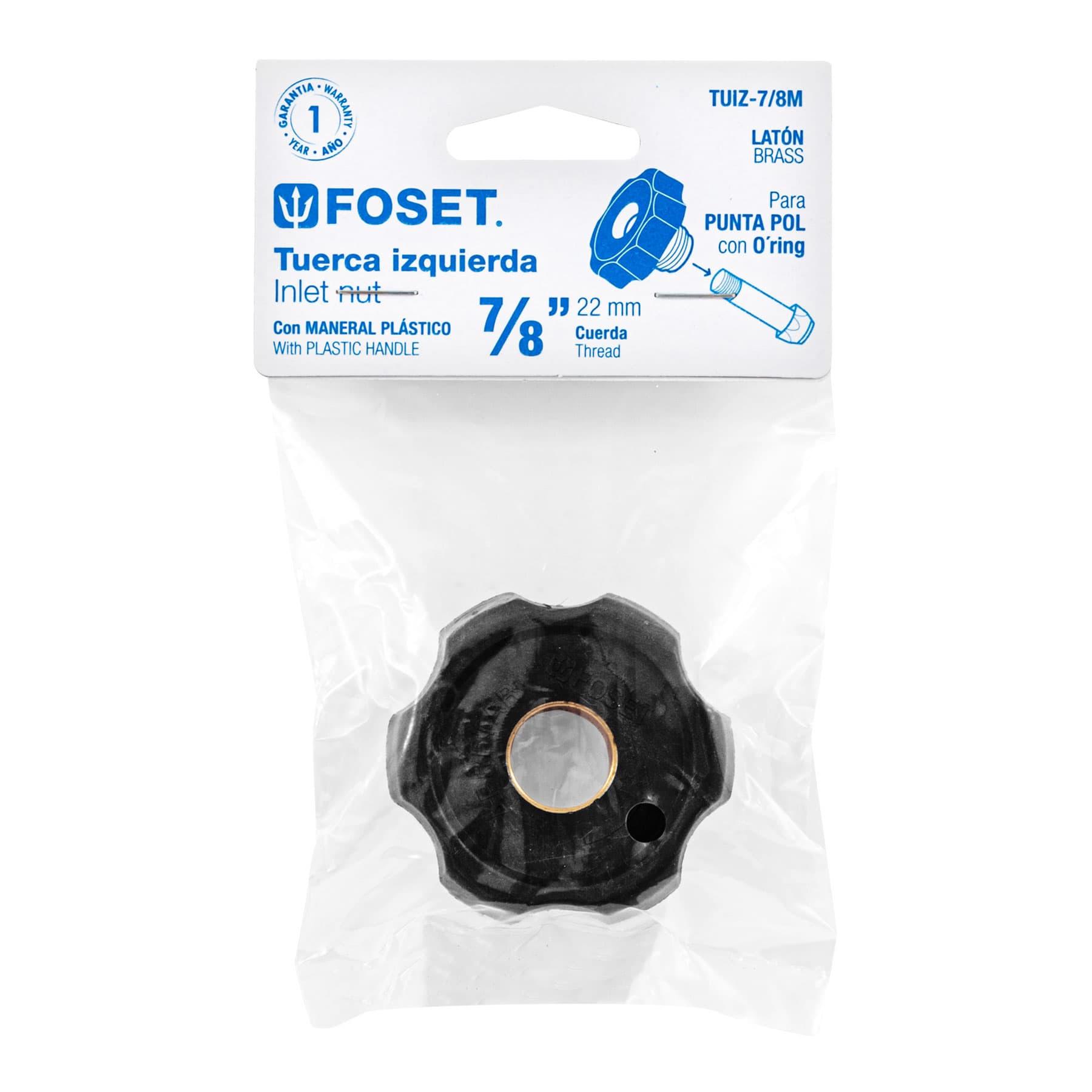 Tuerca izquierda de latón 7/8" con maneral plástico, Foset