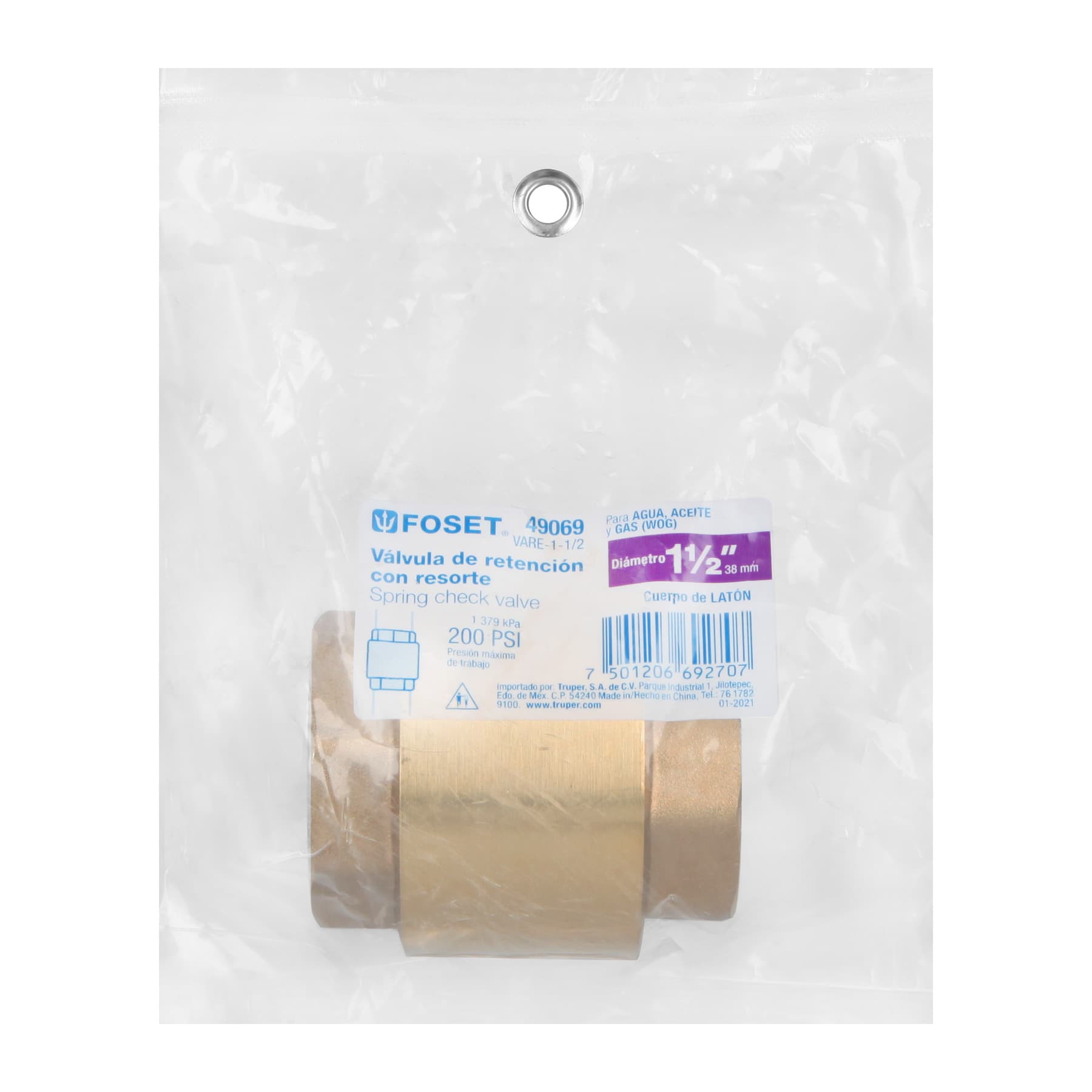 Válvula de retención de latón 1-1/2", Foset
