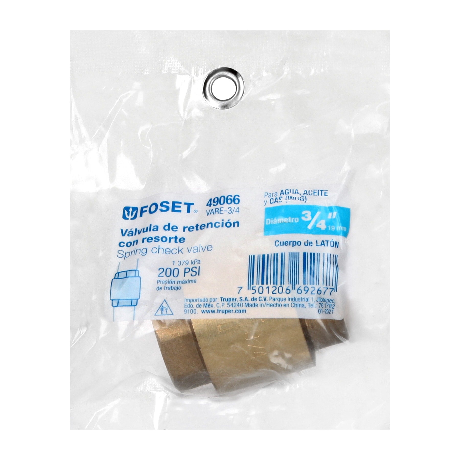 Válvula de retención de latón de 3/4", Foset