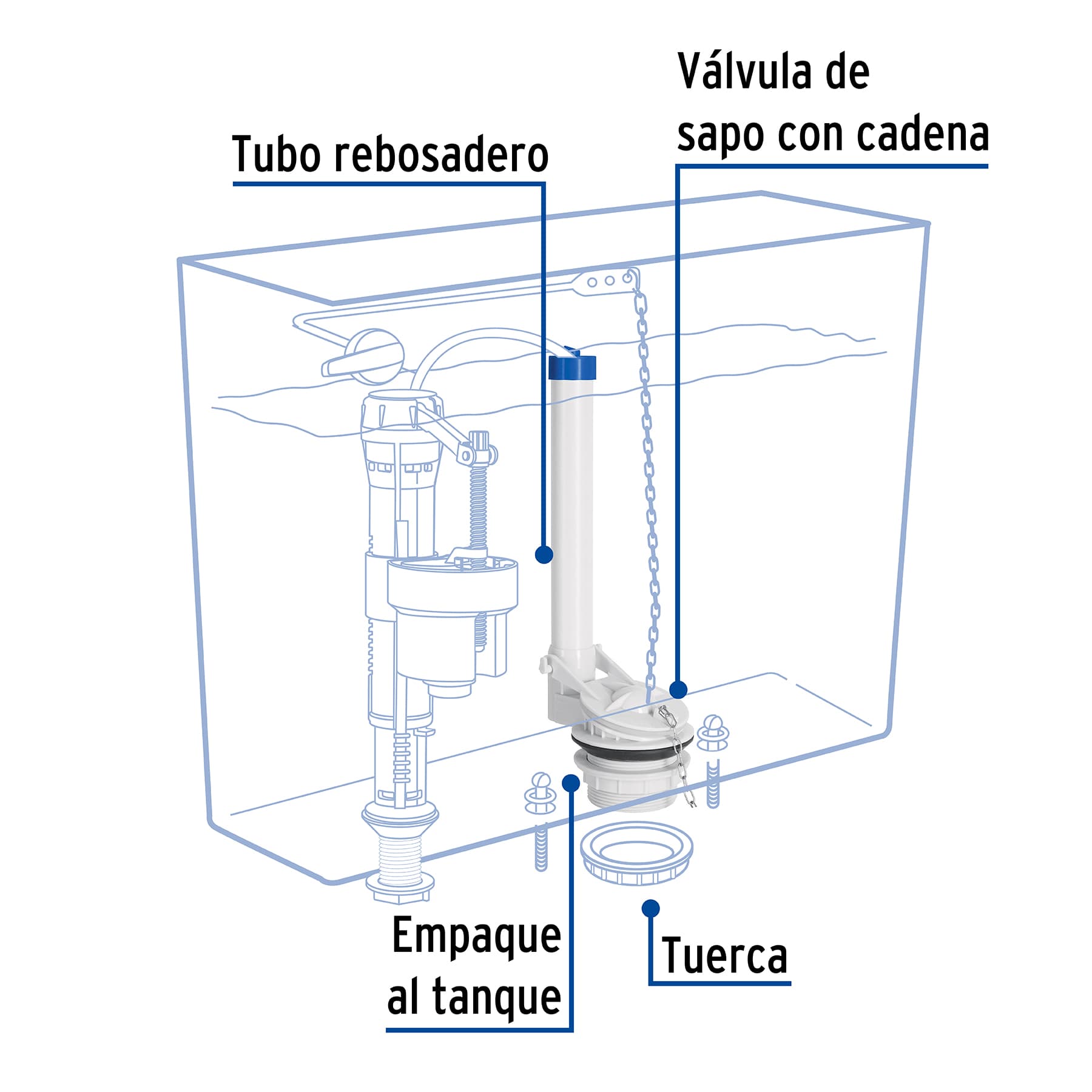 Válvula de descarga 2" para WC de 2 pzas, cadena inoxidable Foset
