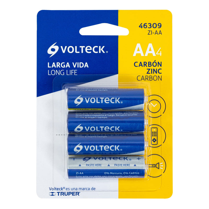 blíster con 4 pilas zinc-carbón tamaño AA,  volteck